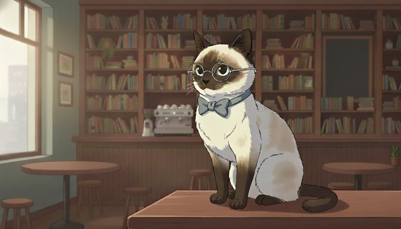 Lupin, the Inkbreaker mascot, curled up in a cozy library café
