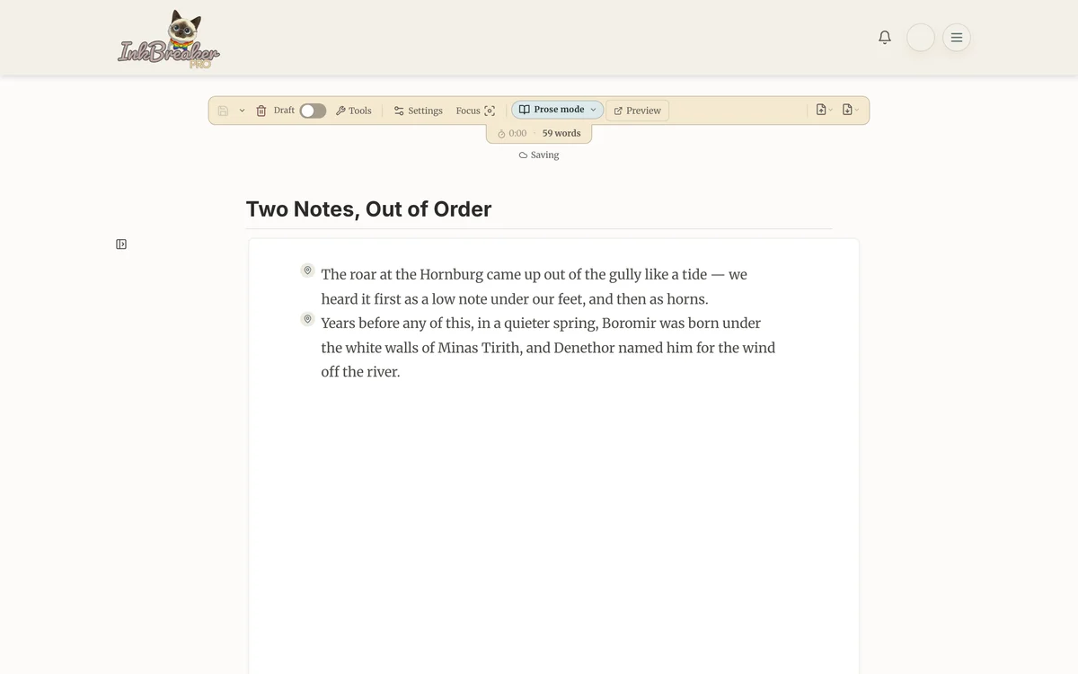 The Inkbreaker editor open to a draft