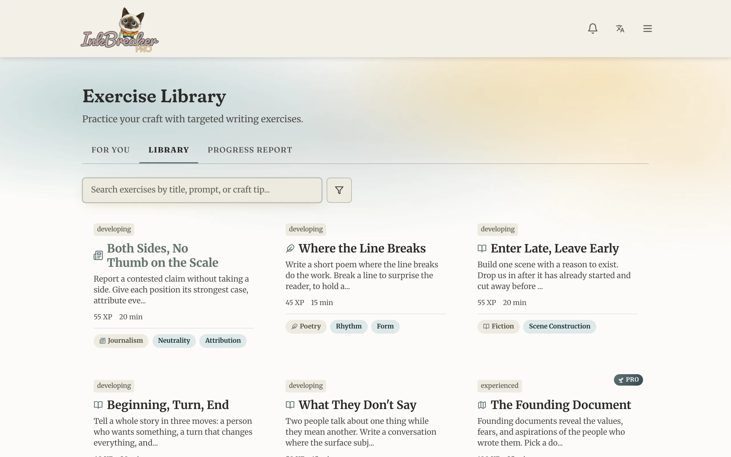 The exercise library with genre-specific exercises
