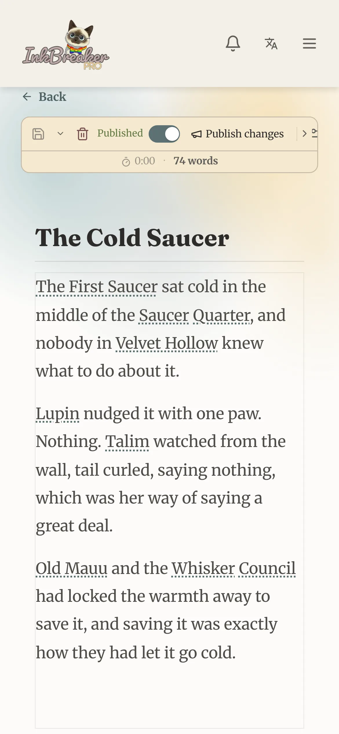 The Inkbreaker editor on a phone-sized screen
