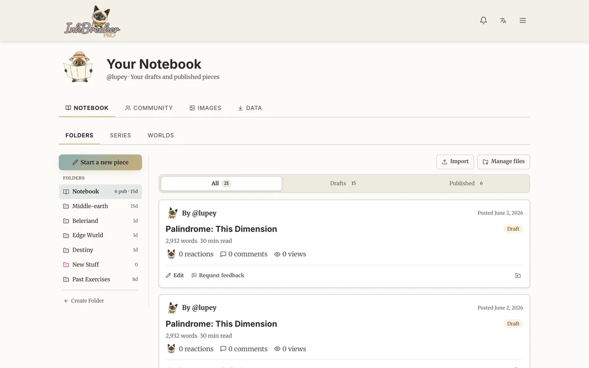 The notebook with drafts and folders
