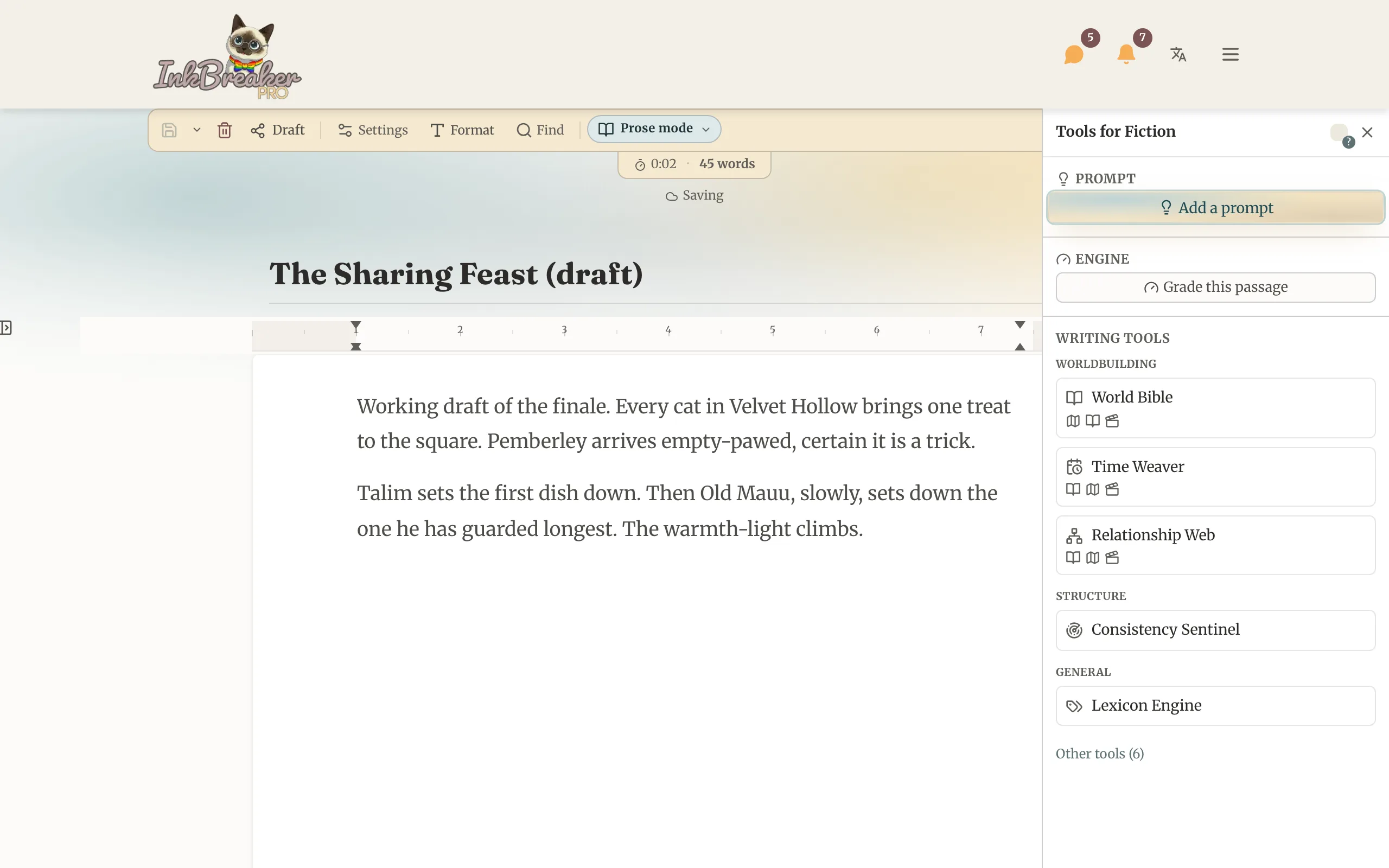 The World Bible open inside the editor with a character selected