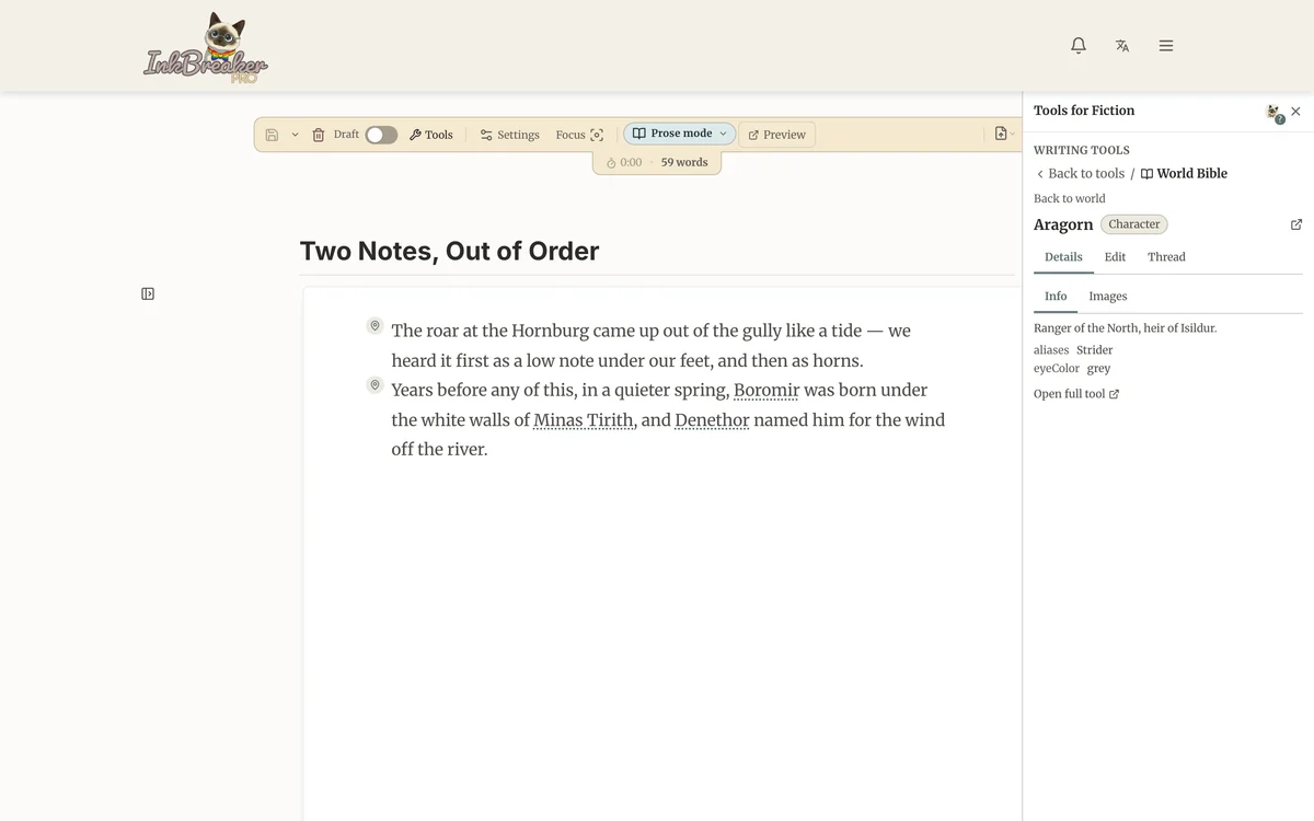 The World Bible open inside the editor with a character selected