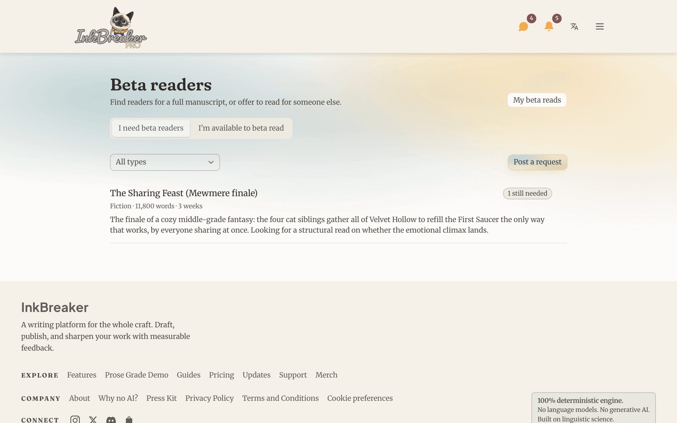 The beta readers directory showing an open request and available readers
