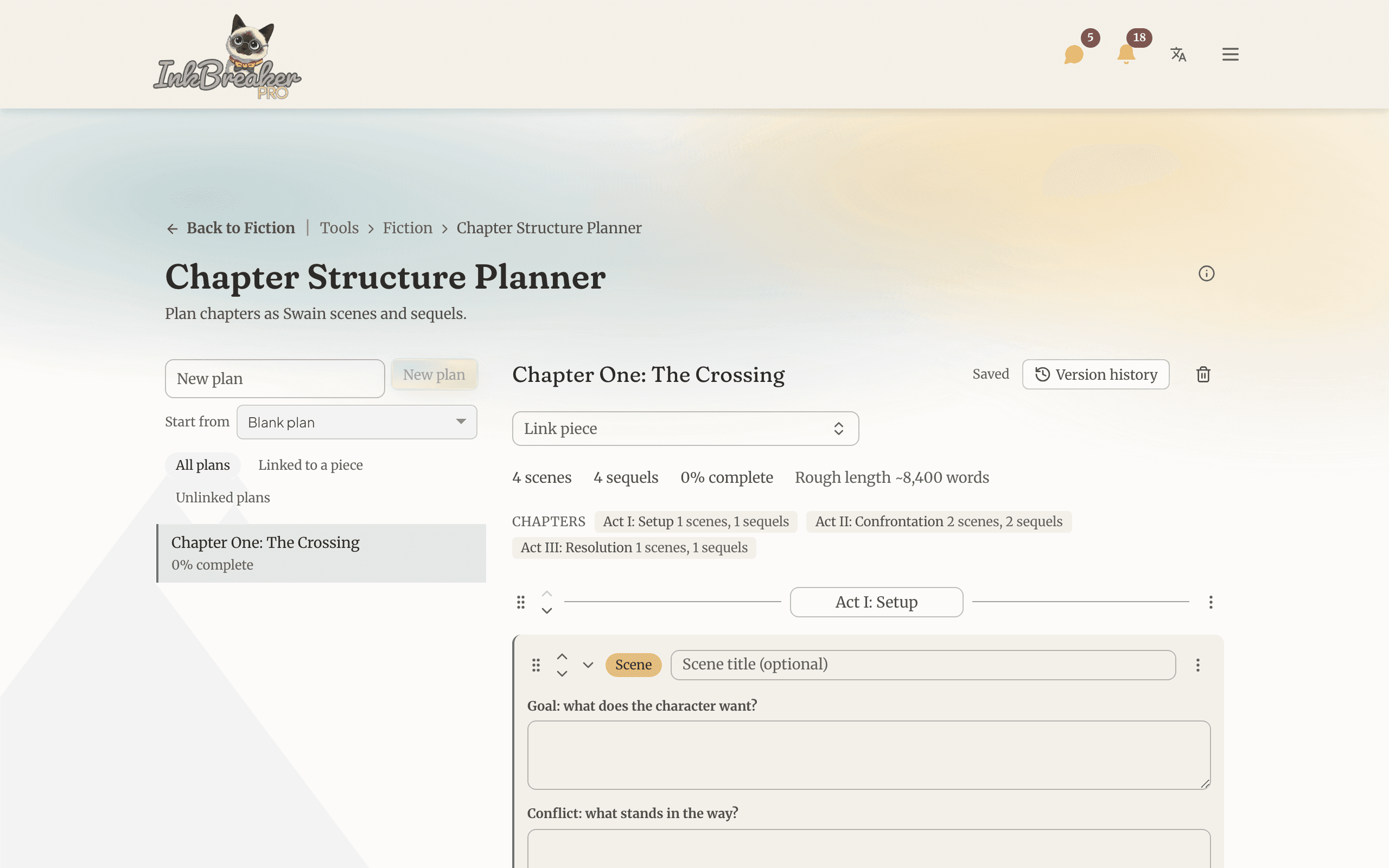 The Chapter Structure Planner showing a chapter as a list of scene and sequel beats with a live structure summary