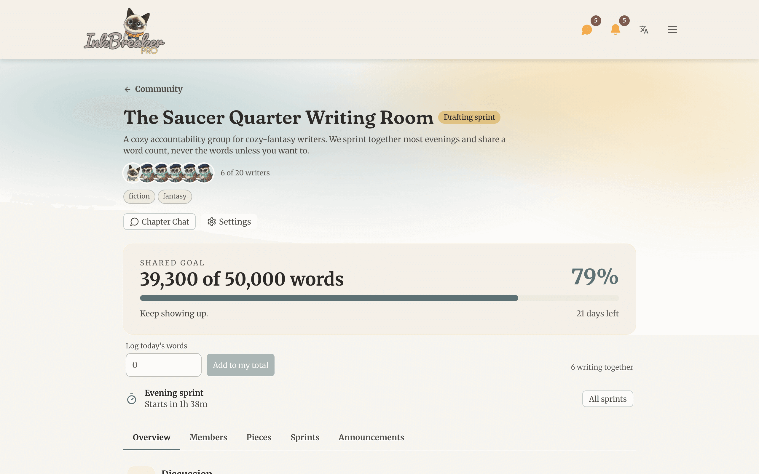 A Chapter dashboard showing a shared goal meter, a live sprint countdown, and member check-ins