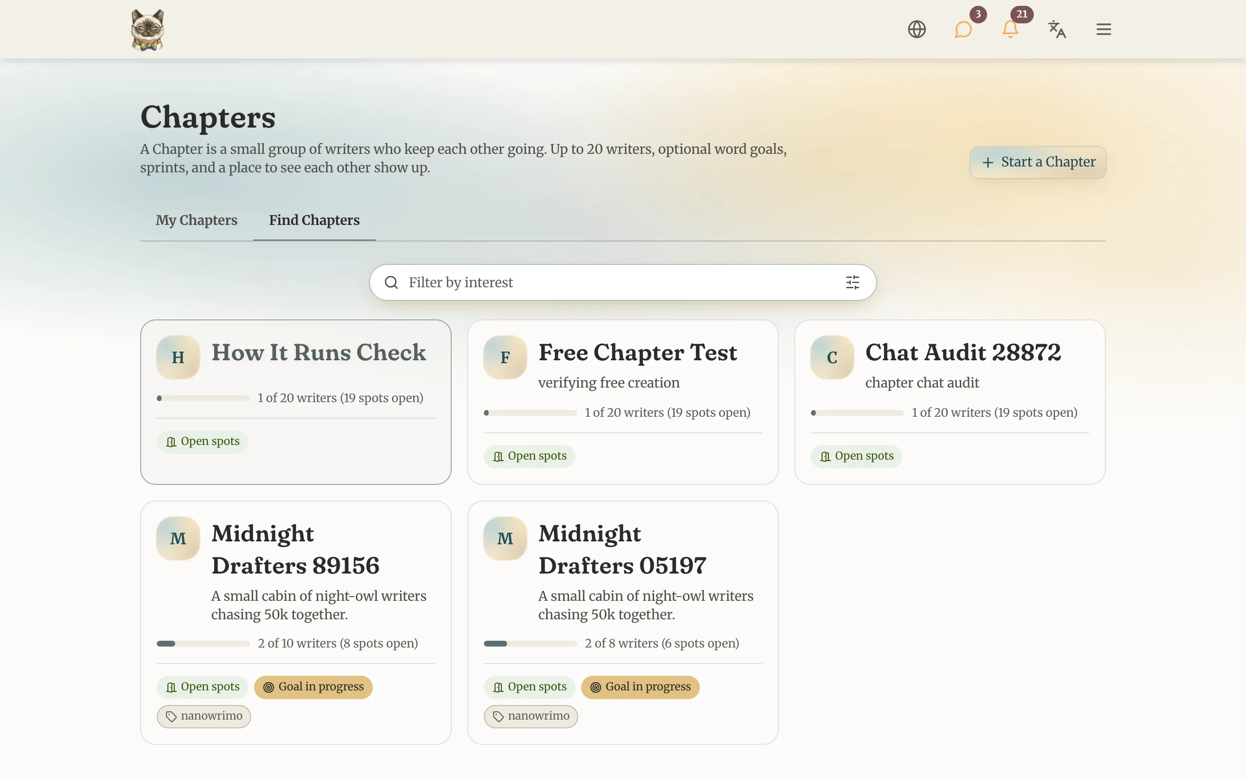 A Chapter dashboard showing a shared goal meter, a live sprint countdown, and member check-ins