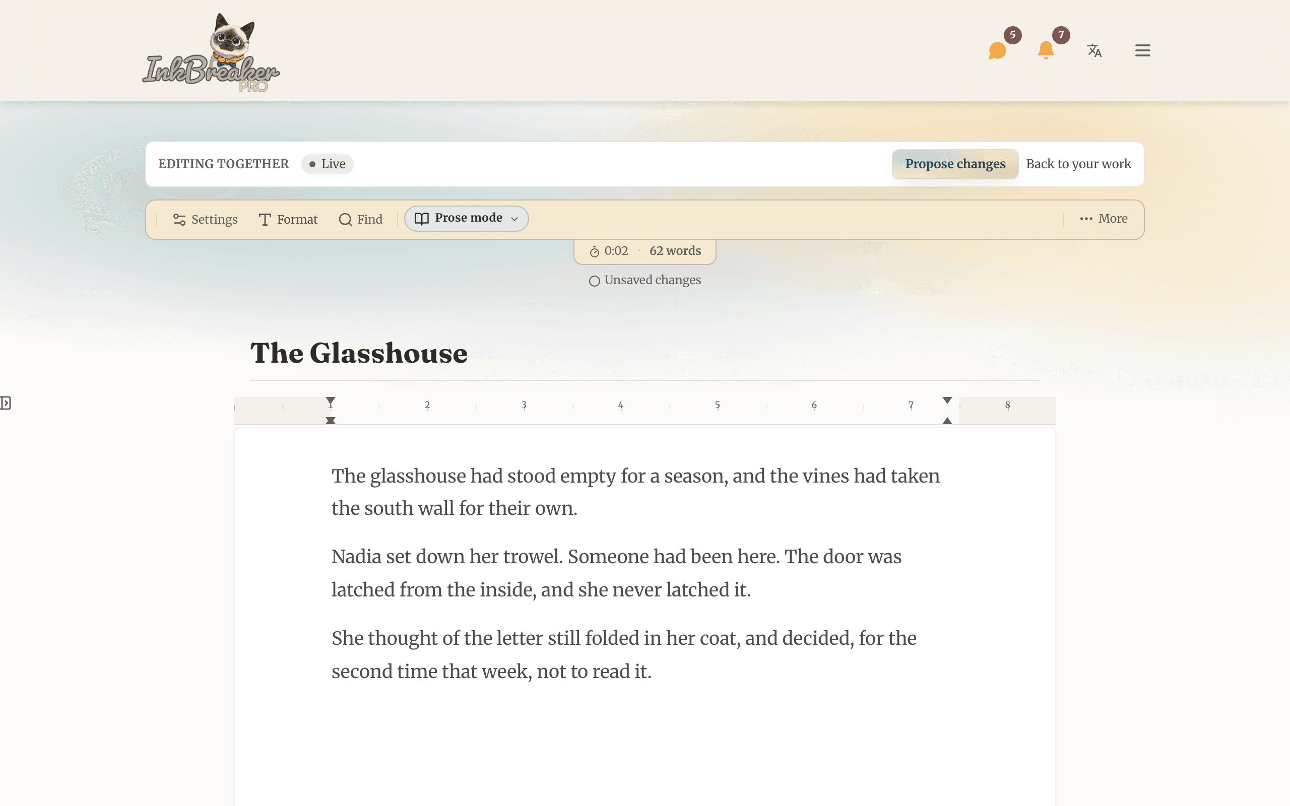 Two writers co-editing a piece in real time with live cursors and tracked changes