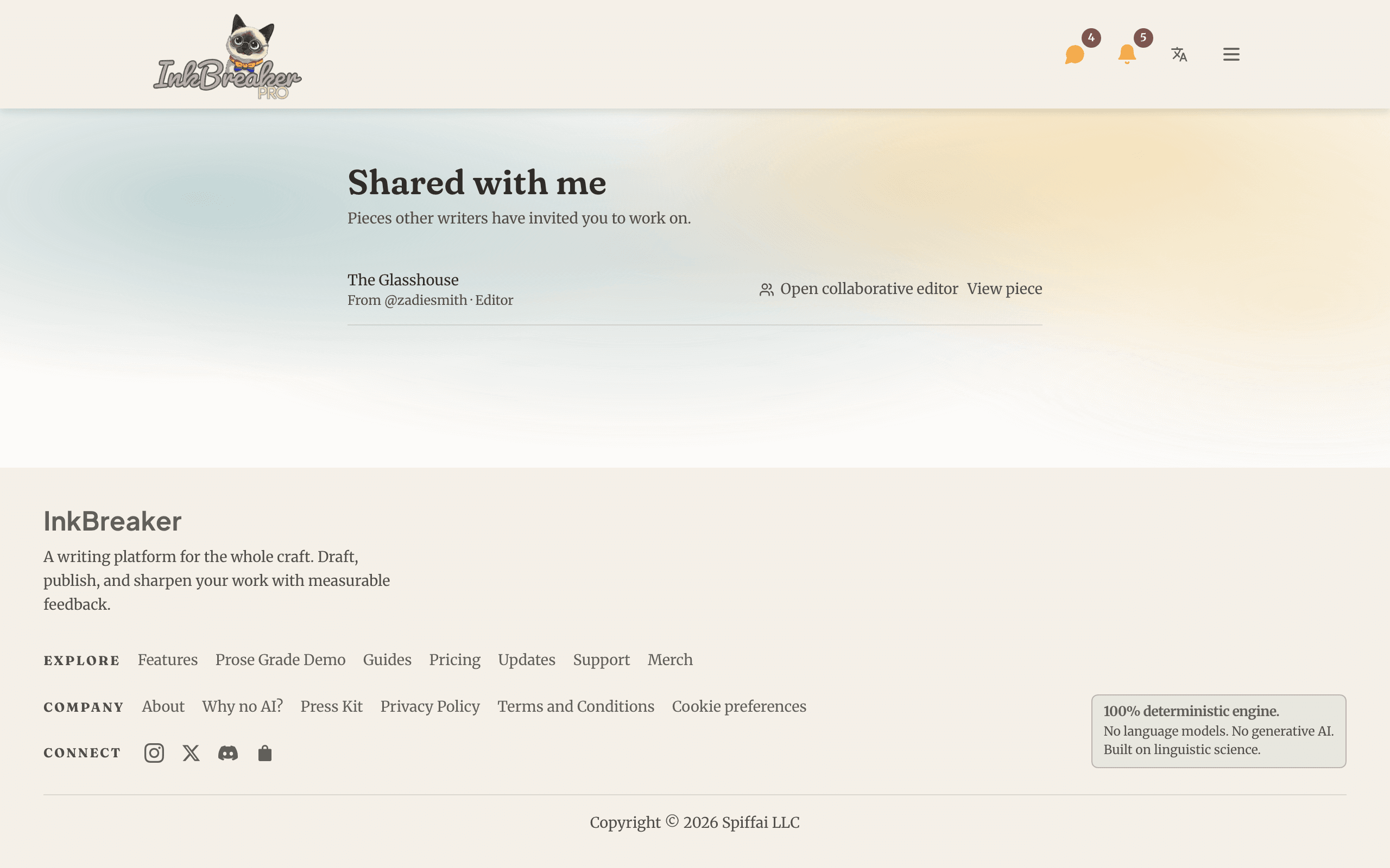 The shared collaborations view listing pieces invited writers can open