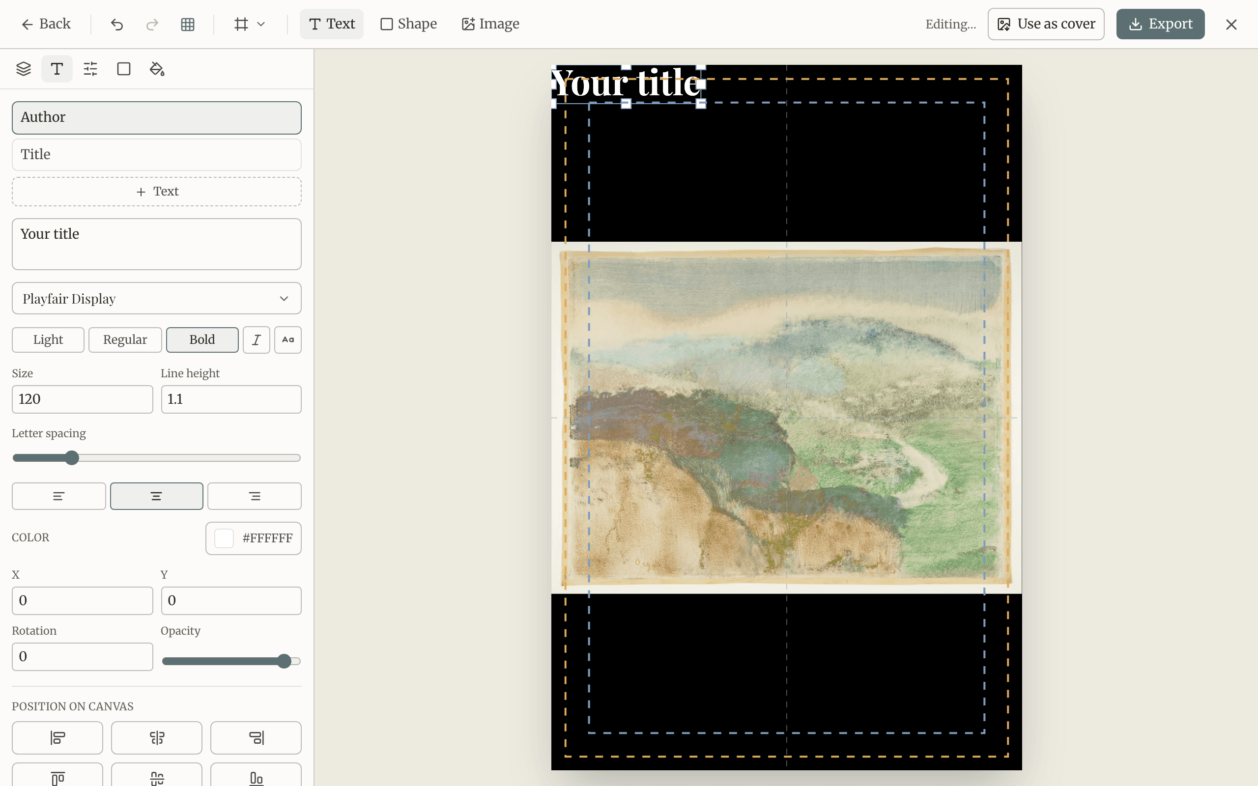 The Cover Art Builder canvas with a book cover in progress: a title, an author name, and a public-domain image layer