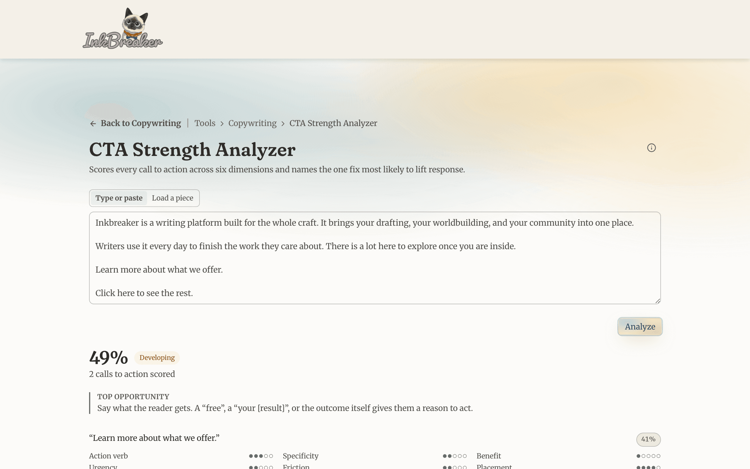 The CTA Strength Analyzer scoring a call to action across six dimensions with a top-opportunity callout