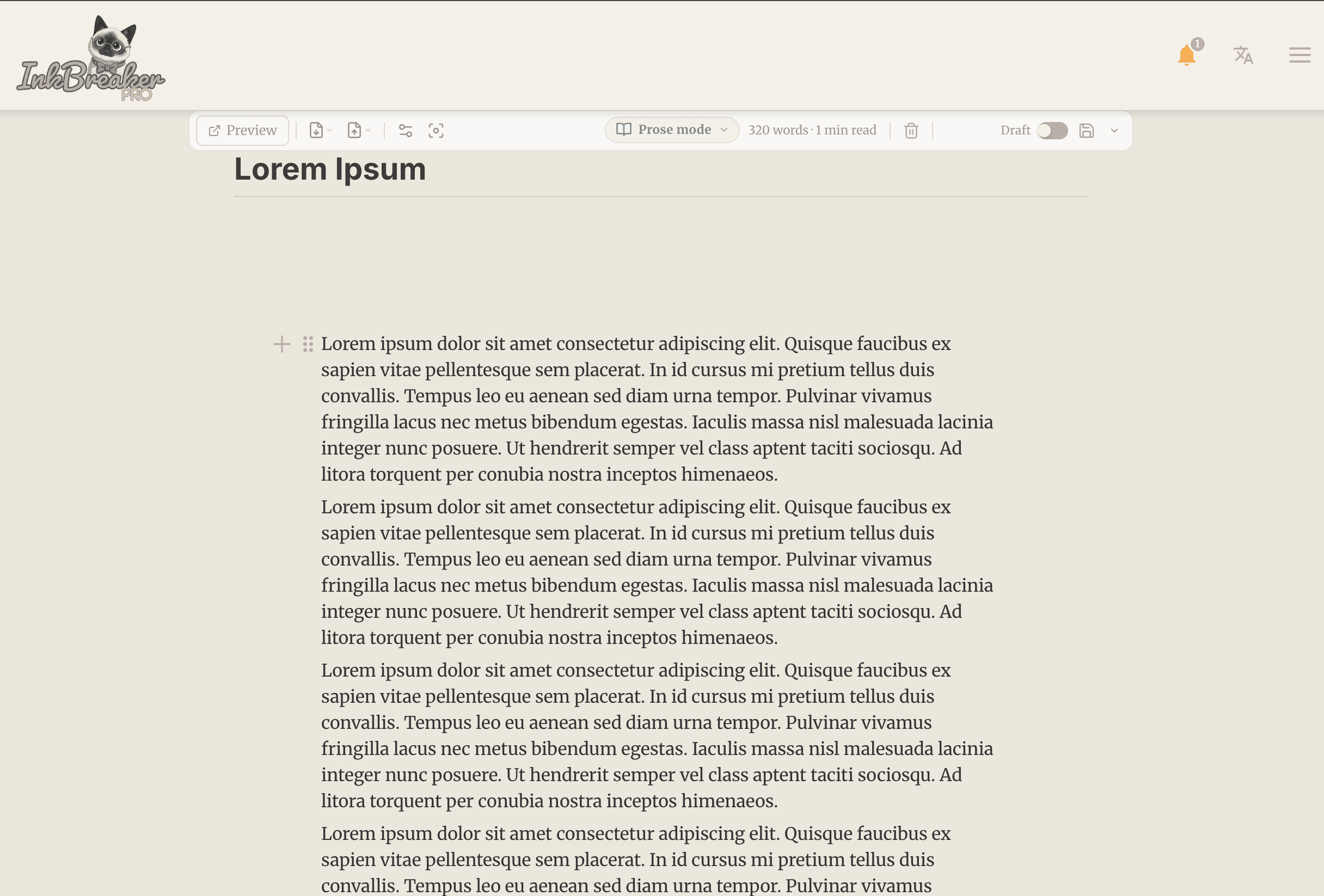 Inkbreaker editor open to a draft, with the writing toolbar visible