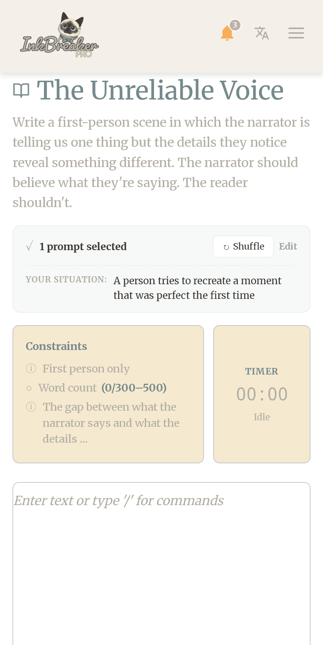 Inkbreaker editor surface with a prompt and timer
