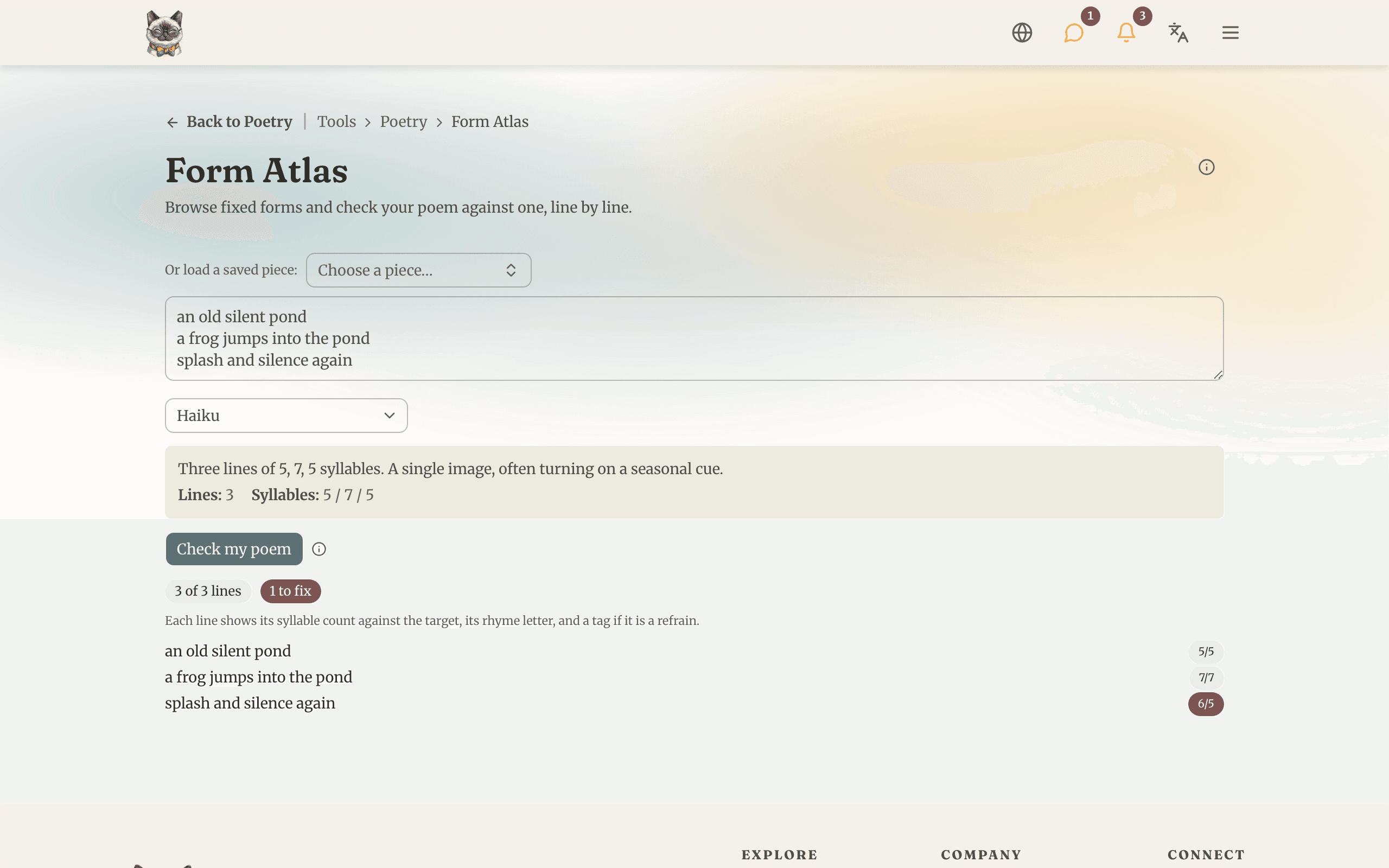 The Form Atlas showing the structure of a form and checking a poem against it line by line