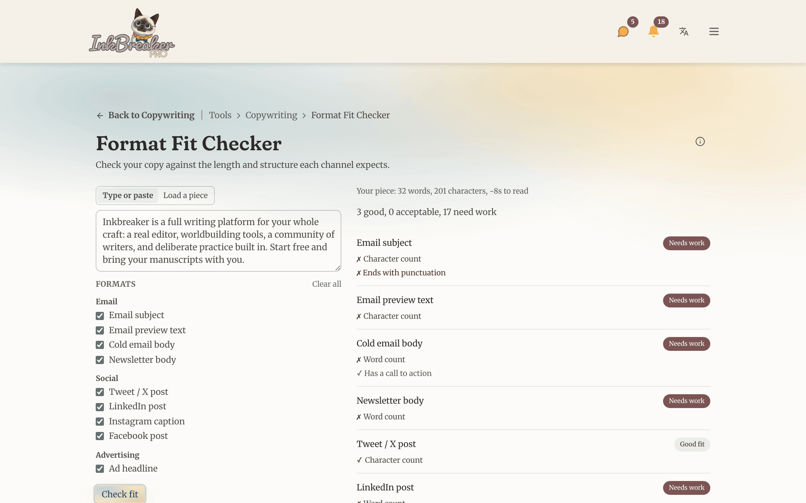 The Format Fit Checker showing pass, close, and over verdicts for several copy formats against their limits