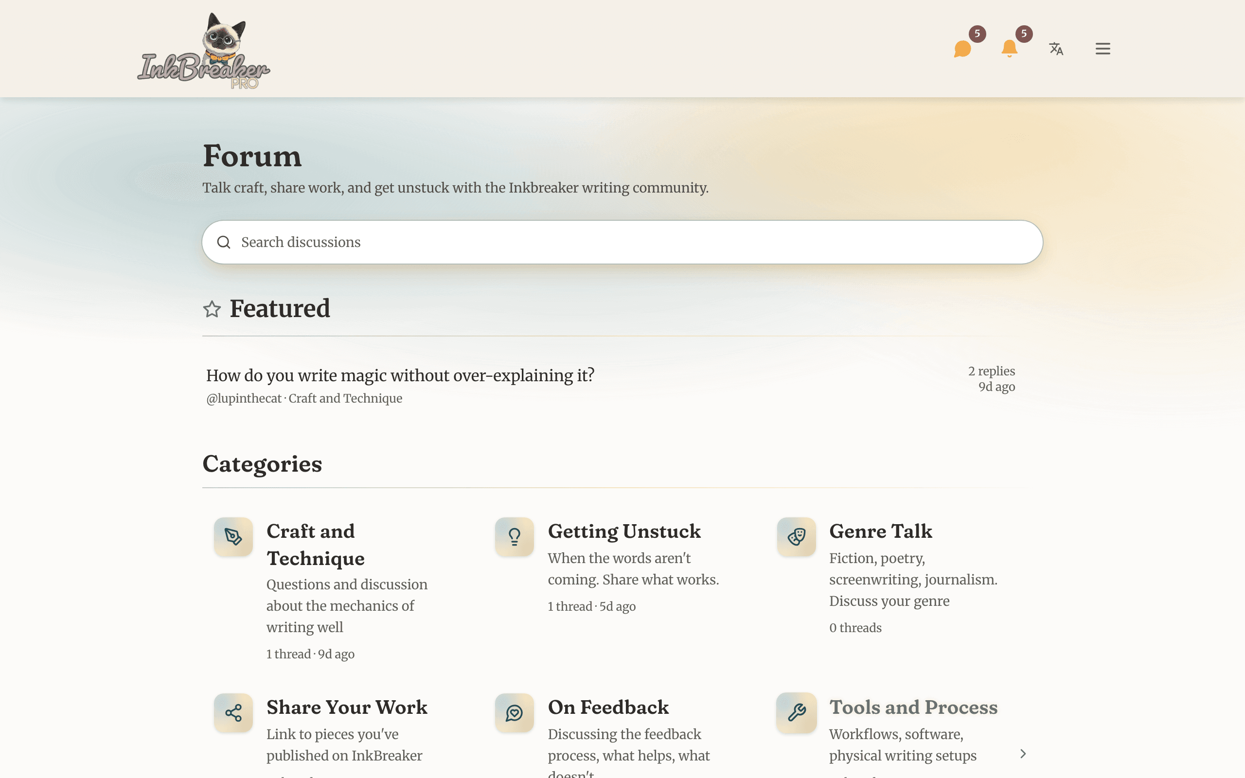 The global forum showing category cards and recent threads with reactions