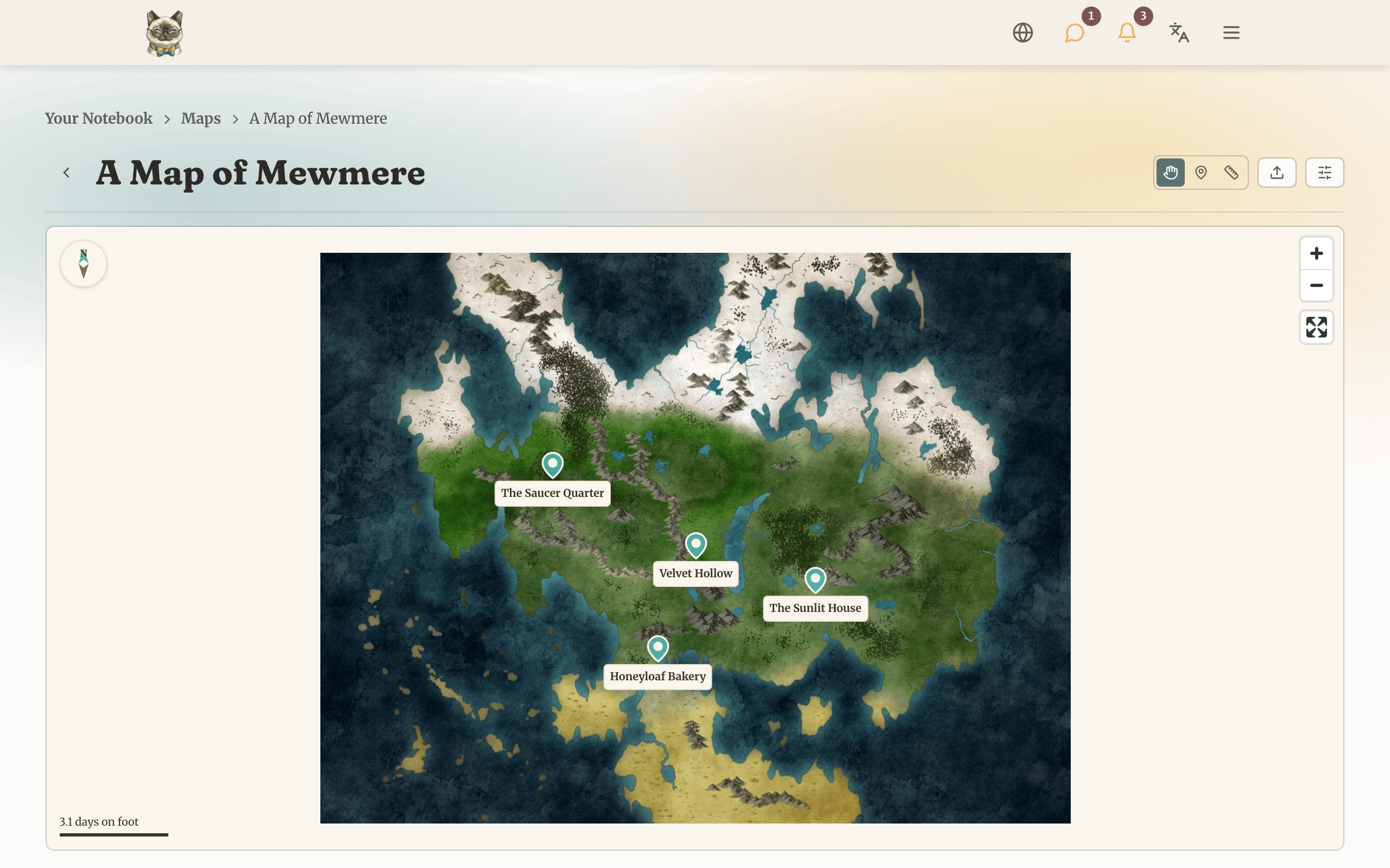 An interactive world map with linked pins, overlay layers, and a distance ruler