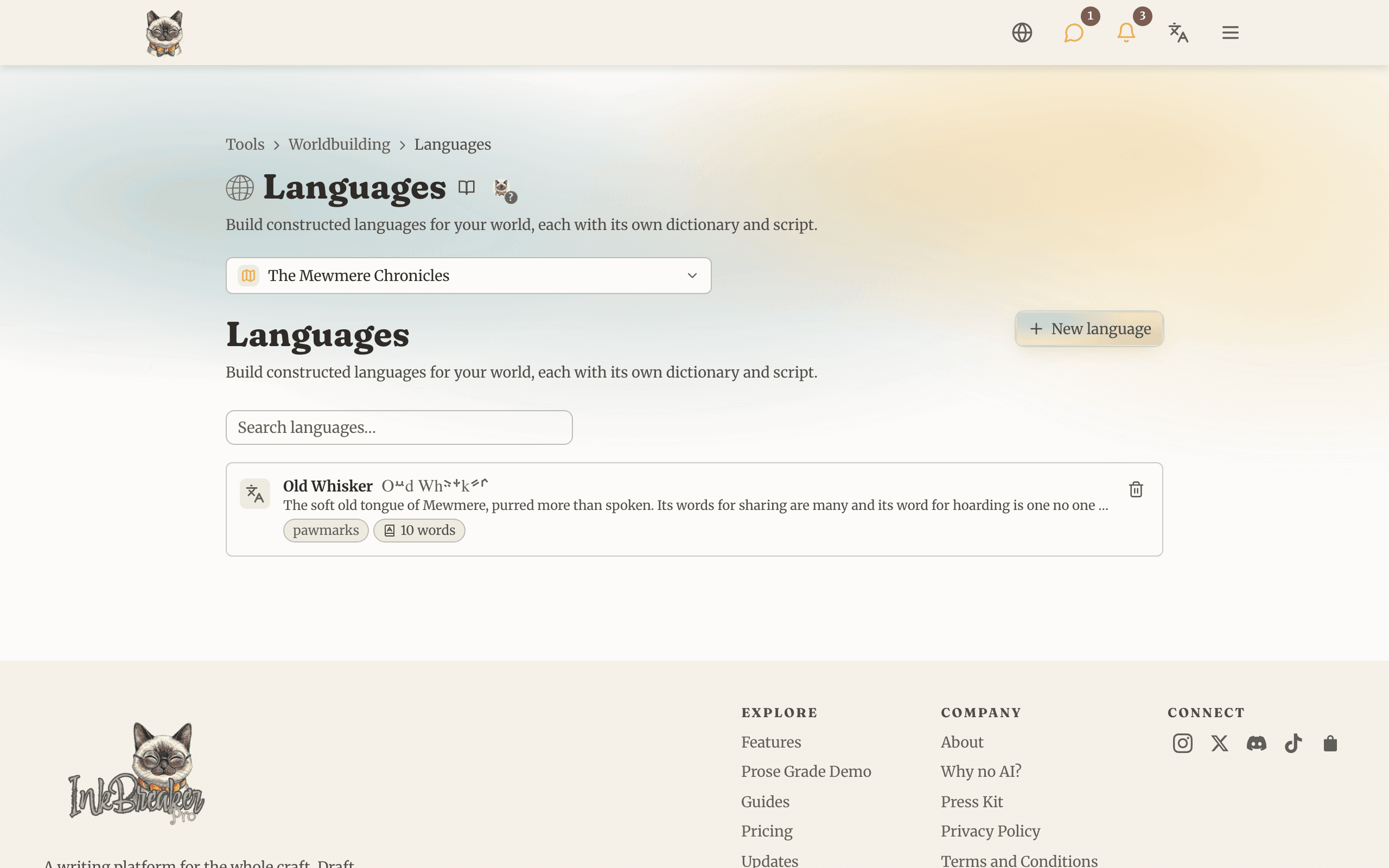 The Languages tool showing a constructed language's dictionary and sound inventory
