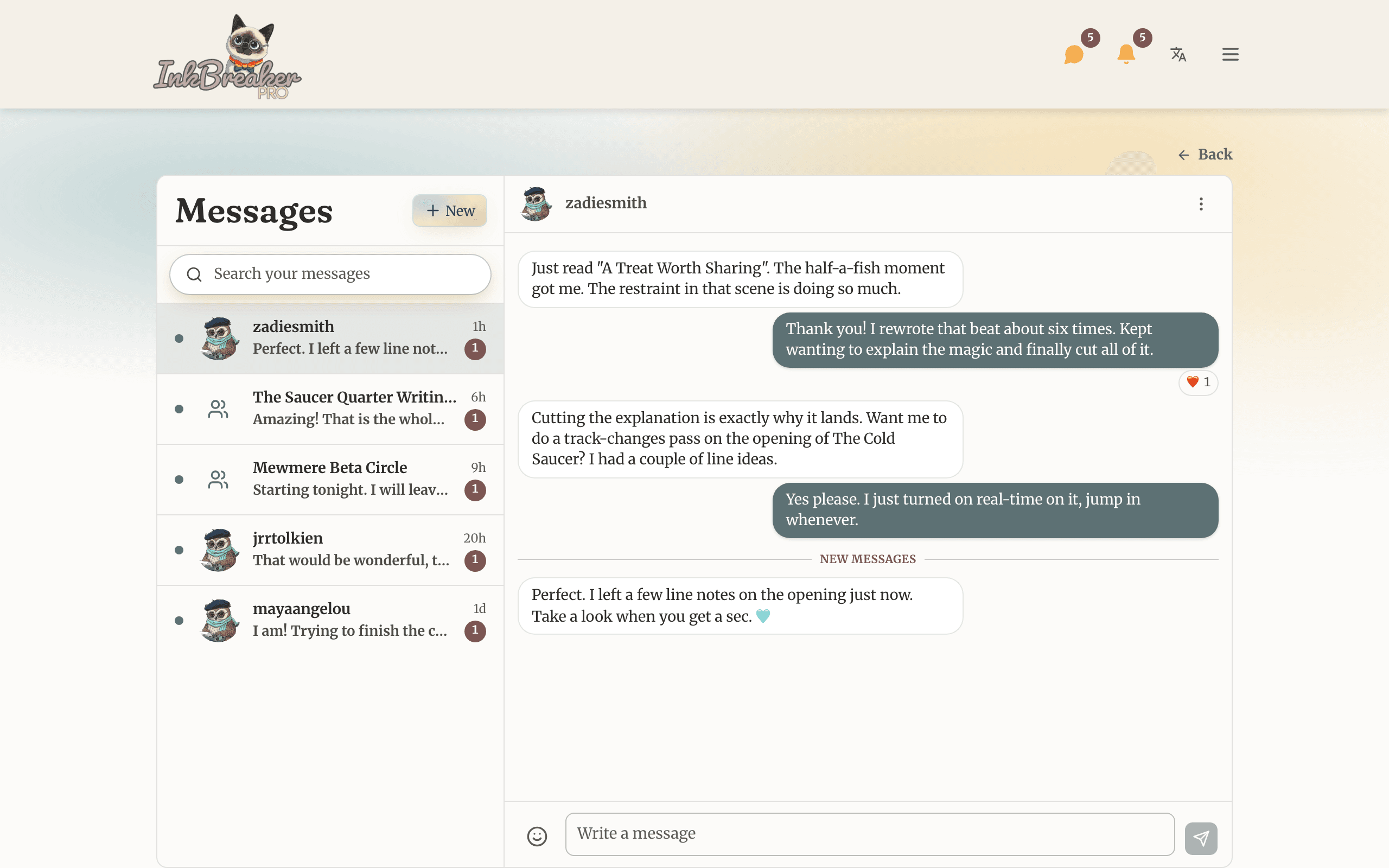 A two-panel messages view with a thread list and an open conversation