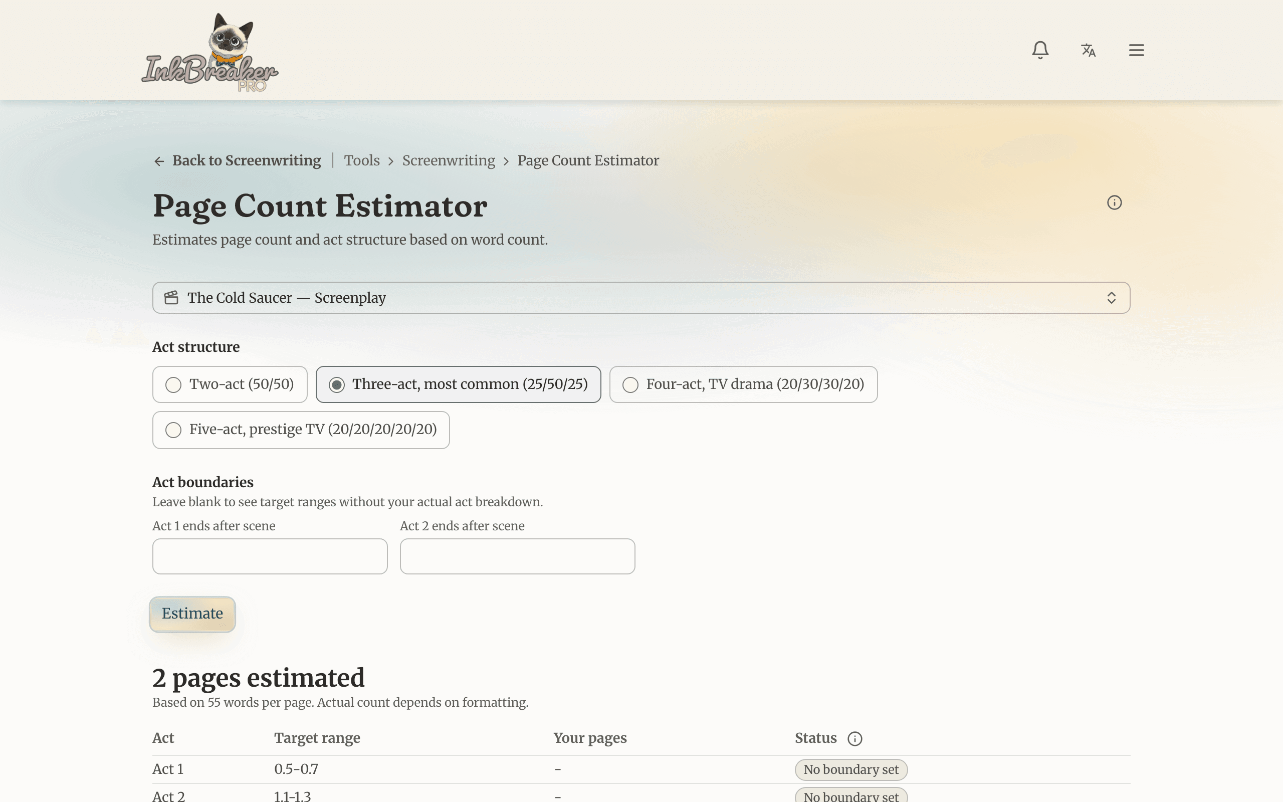 The Page Count Estimator showing an estimated page count broken down by act