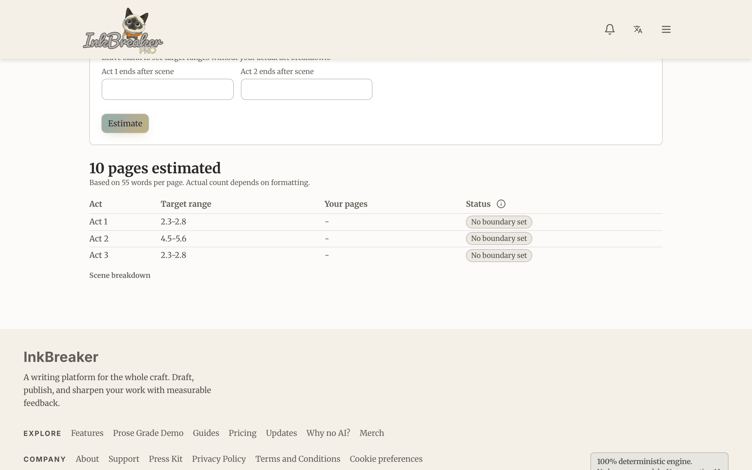 The Page Count Estimator showing an estimated page count broken down by act