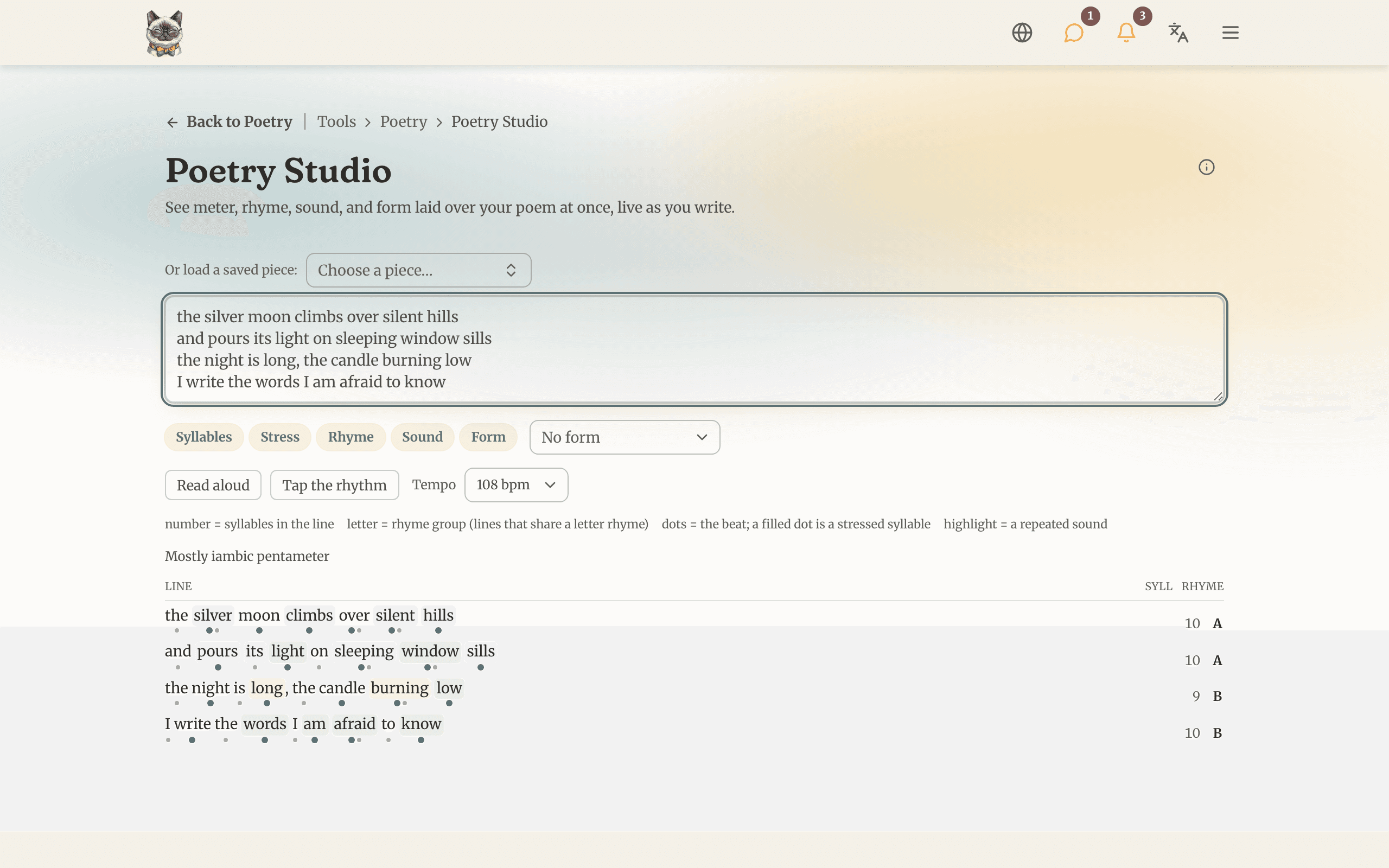 The Poetry Studio showing syllable counts, rhyme letters, and scansion over a draft poem