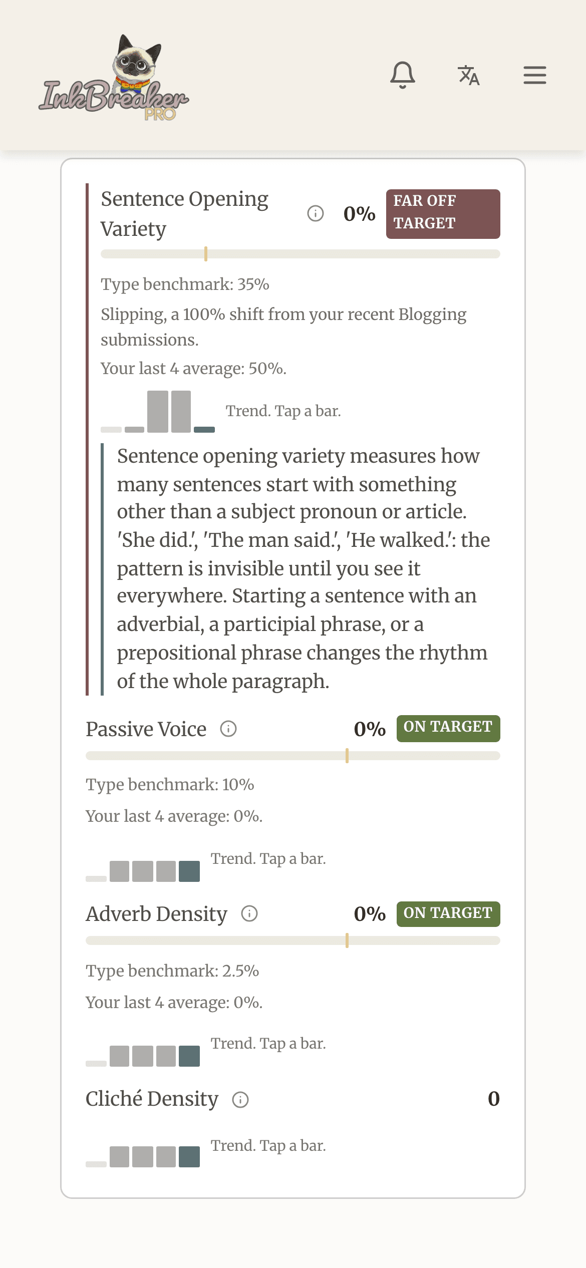 Inkbreaker Prose Grade results showing Coleman-Liau and Flesch-Kincaid grade levels side by side.