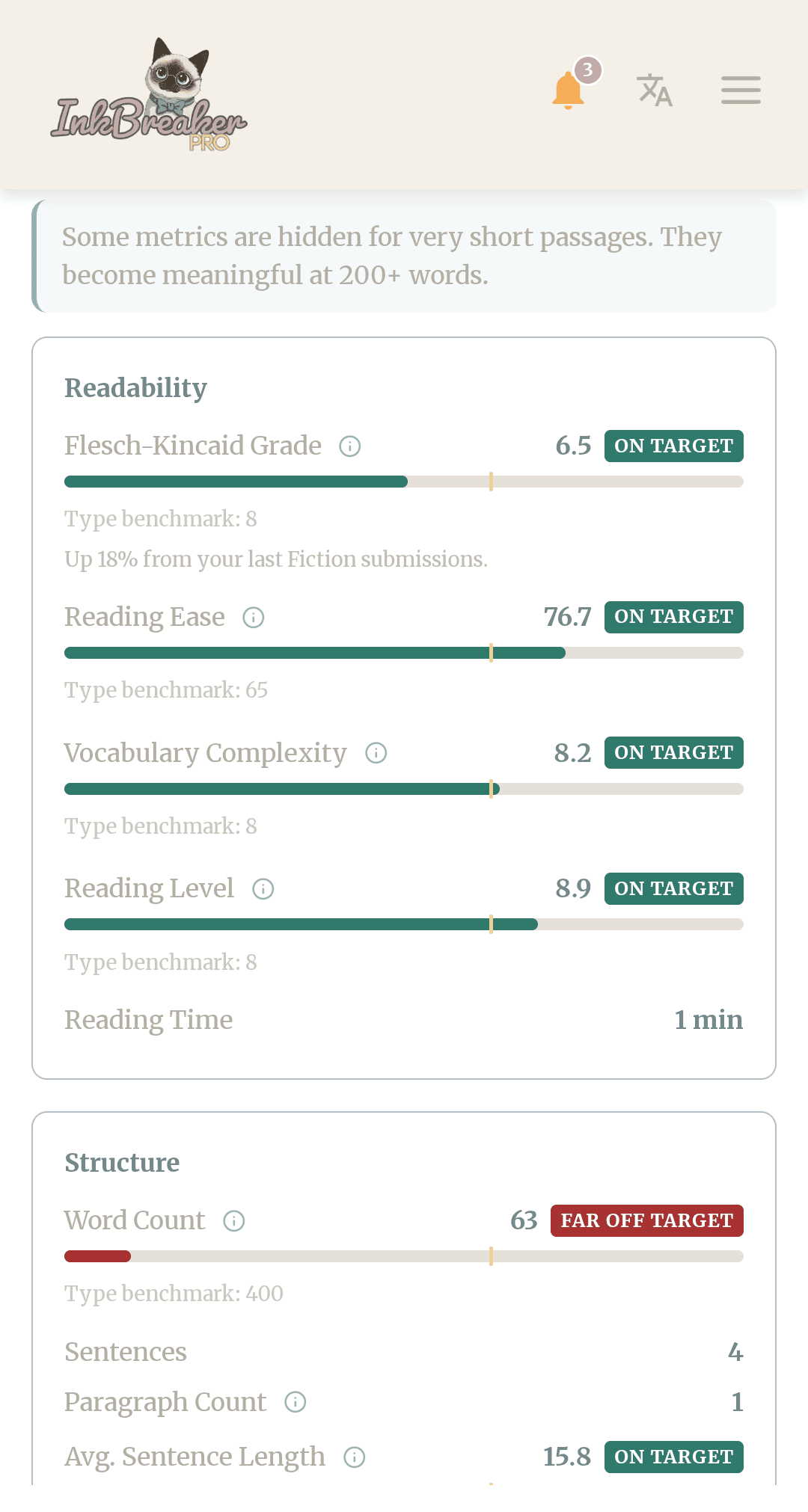 Inkbreaker Prose Grade results showing Coleman-Liau and Flesch-Kincaid grade levels side by side.
