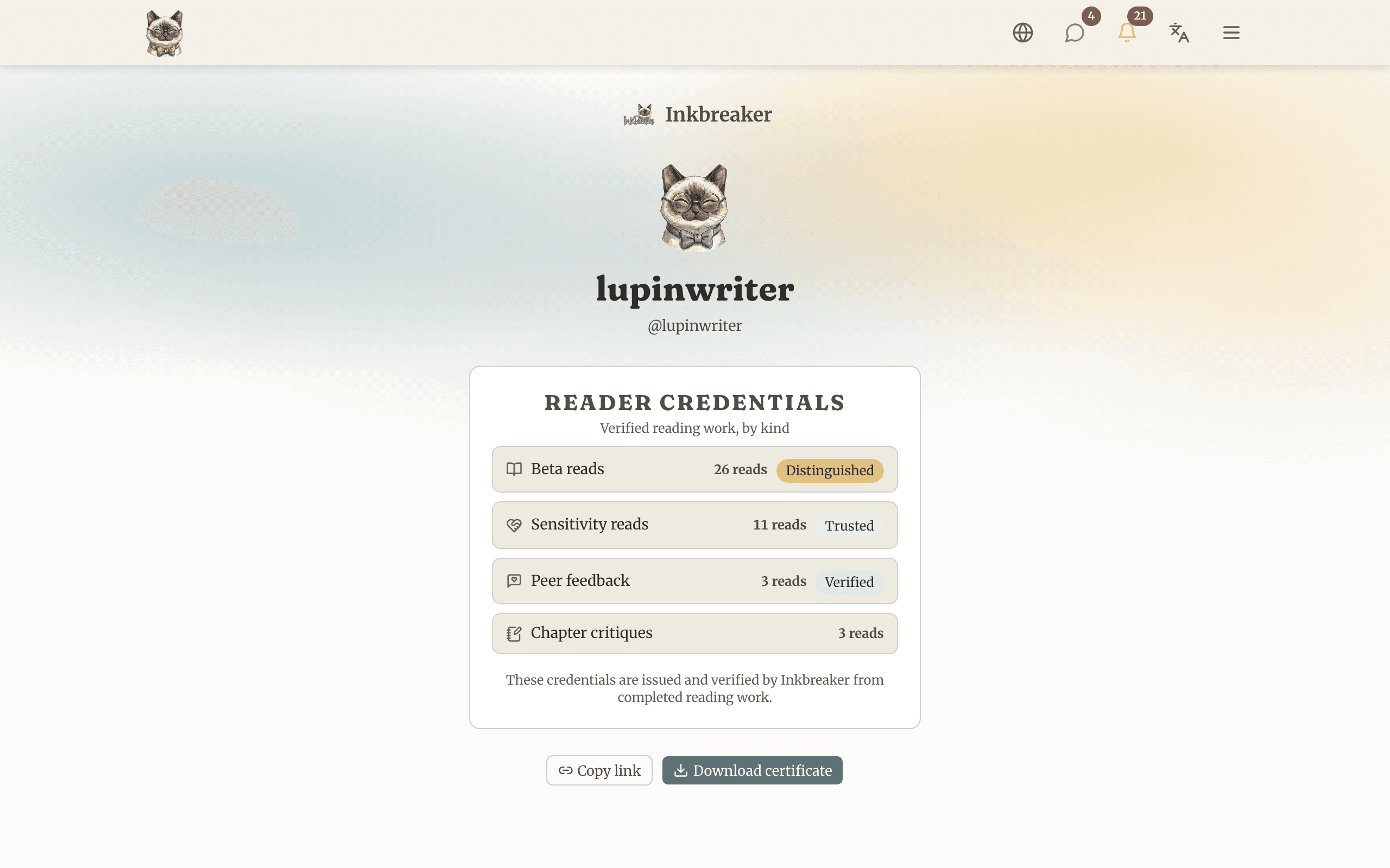 A public reader profile showing tiered credentials across beta, sensitivity, and feedback lanes