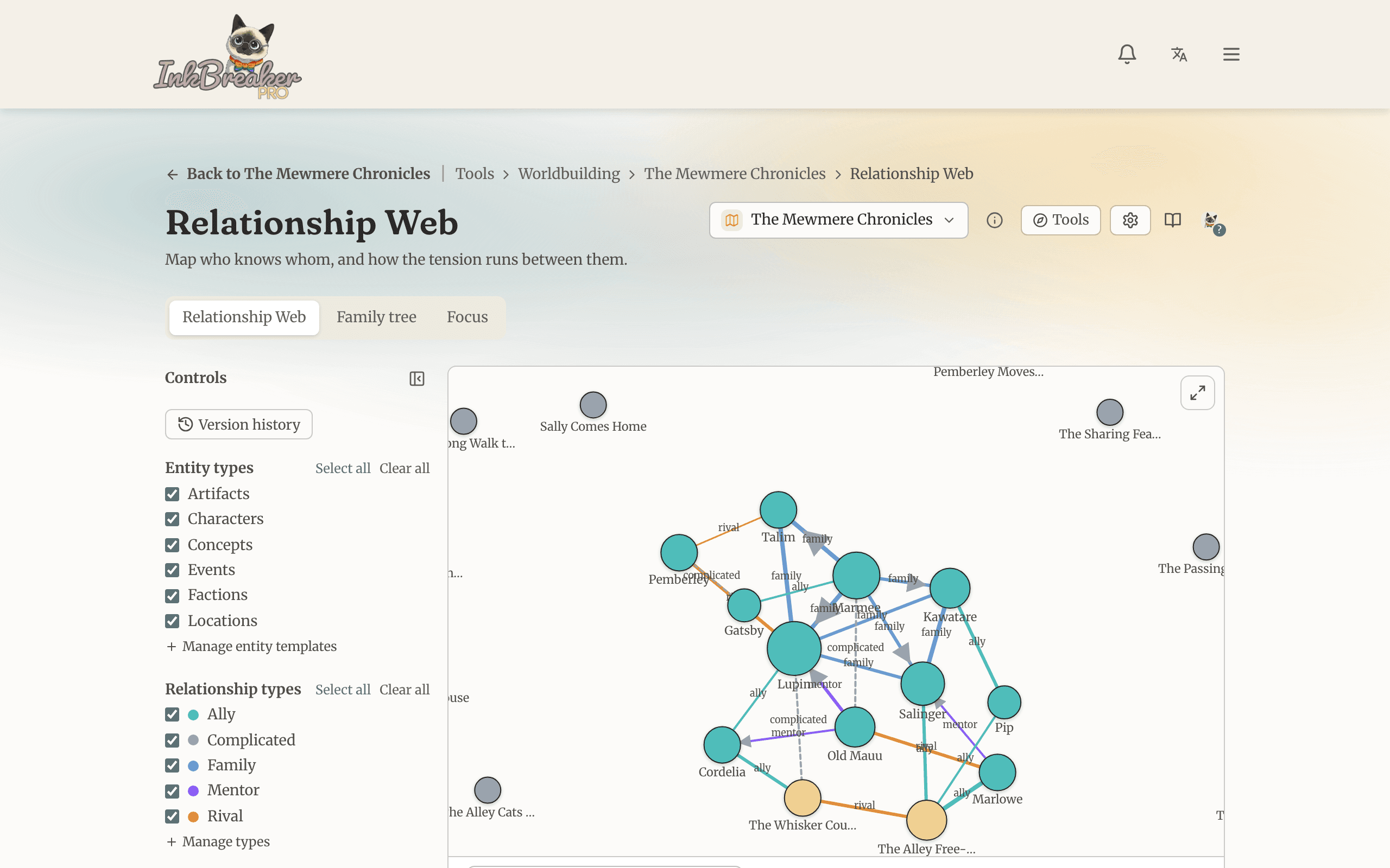 The Relationship Web graph of a world’s characters and factions