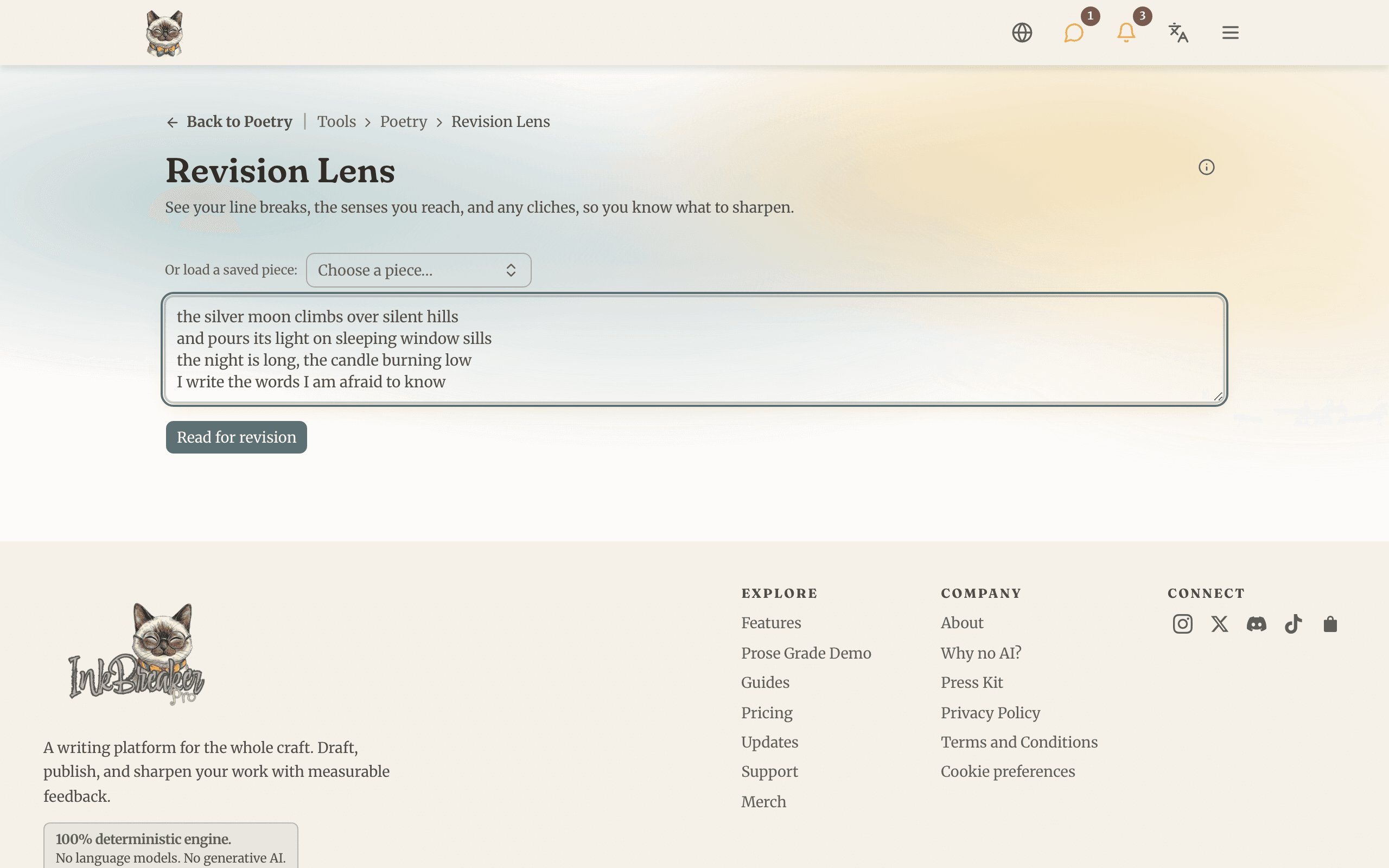 The Revision Lens showing line breaks, sense coverage, and a flagged cliche in a draft