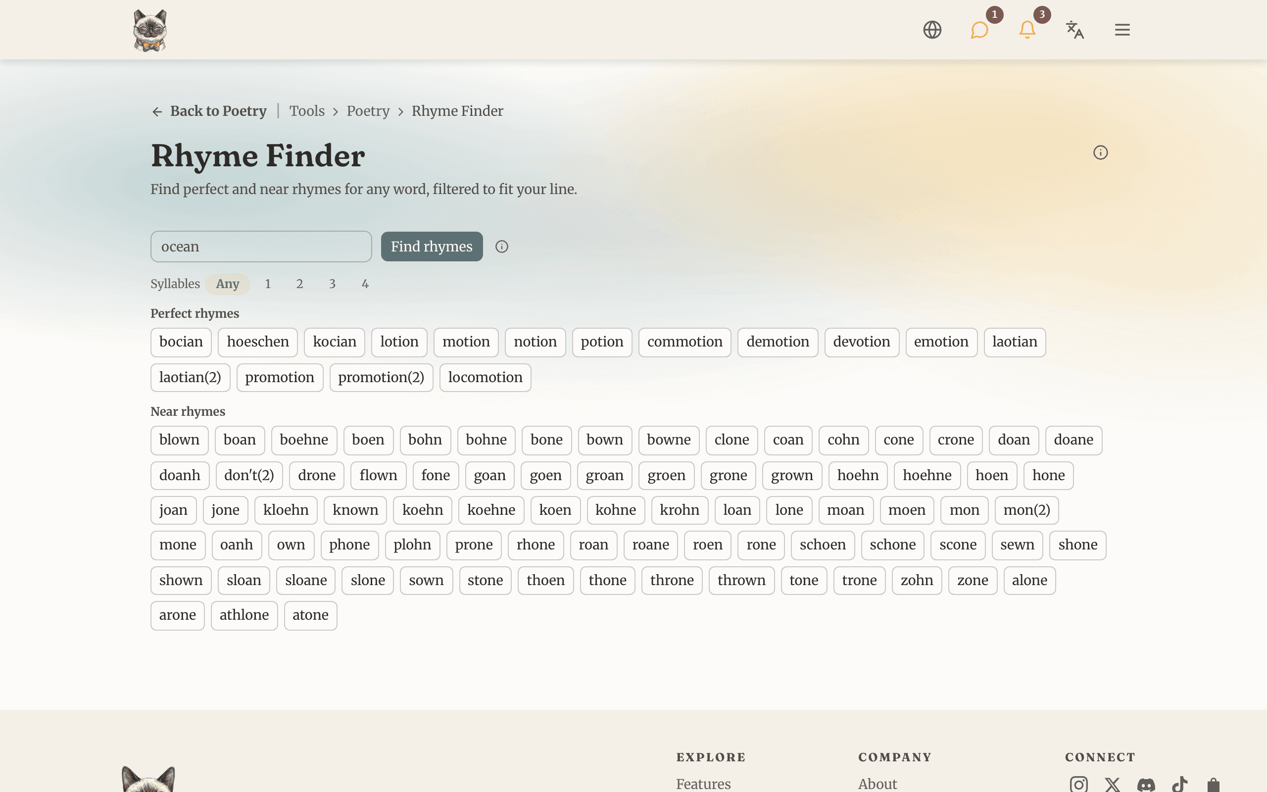 The Rhyme Finder showing perfect and near rhymes for a word, filtered by syllable count