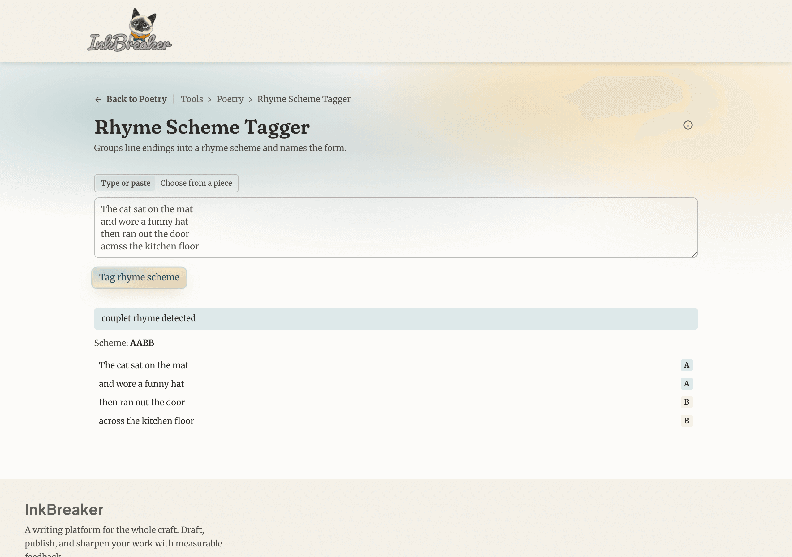 The Rhyme Scheme Tagger labelling each line of a poem with its rhyme letter and naming the detected form