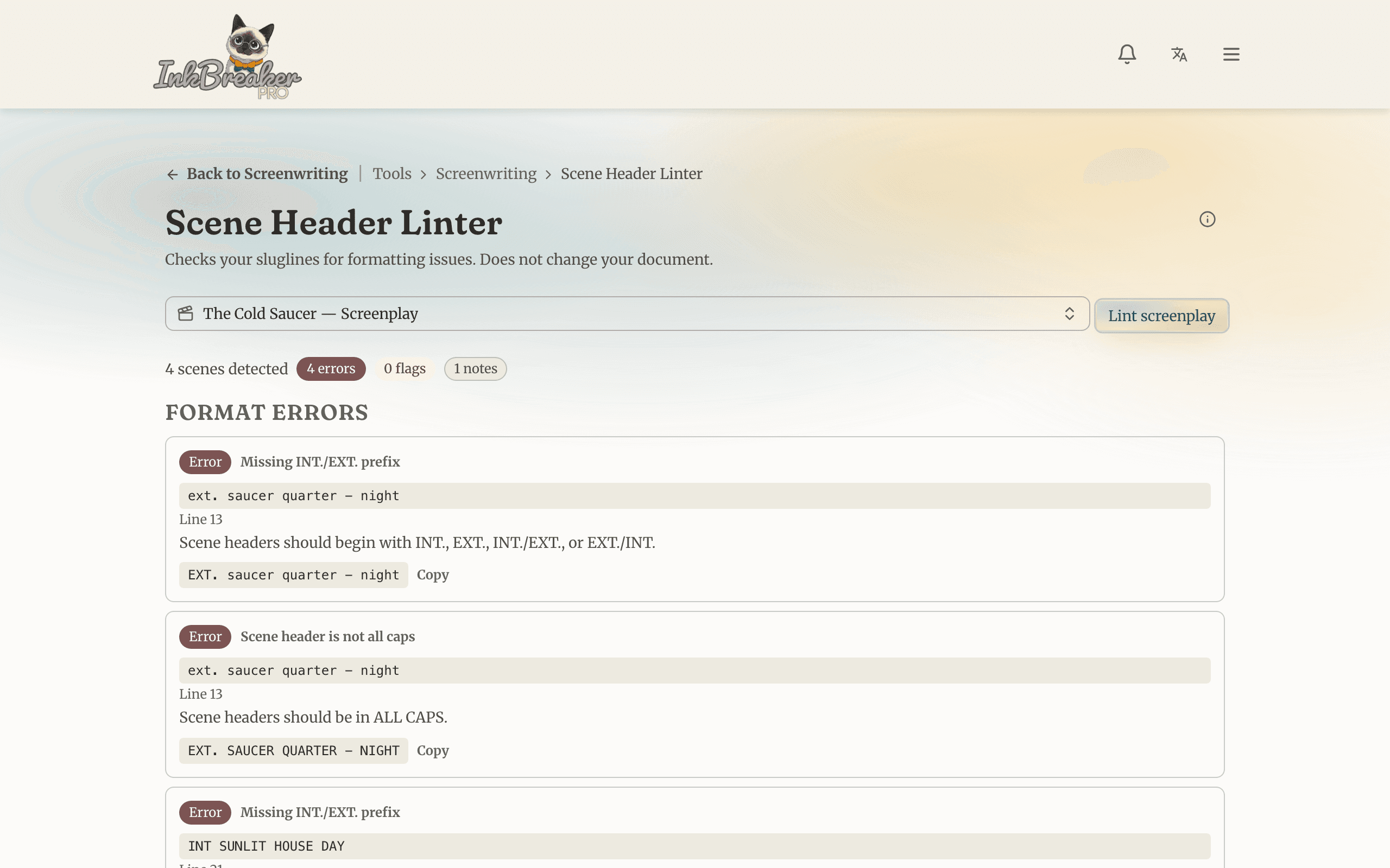 The Scene Header Linter listing slugline issues in a screenplay, each with a corrected heading to copy