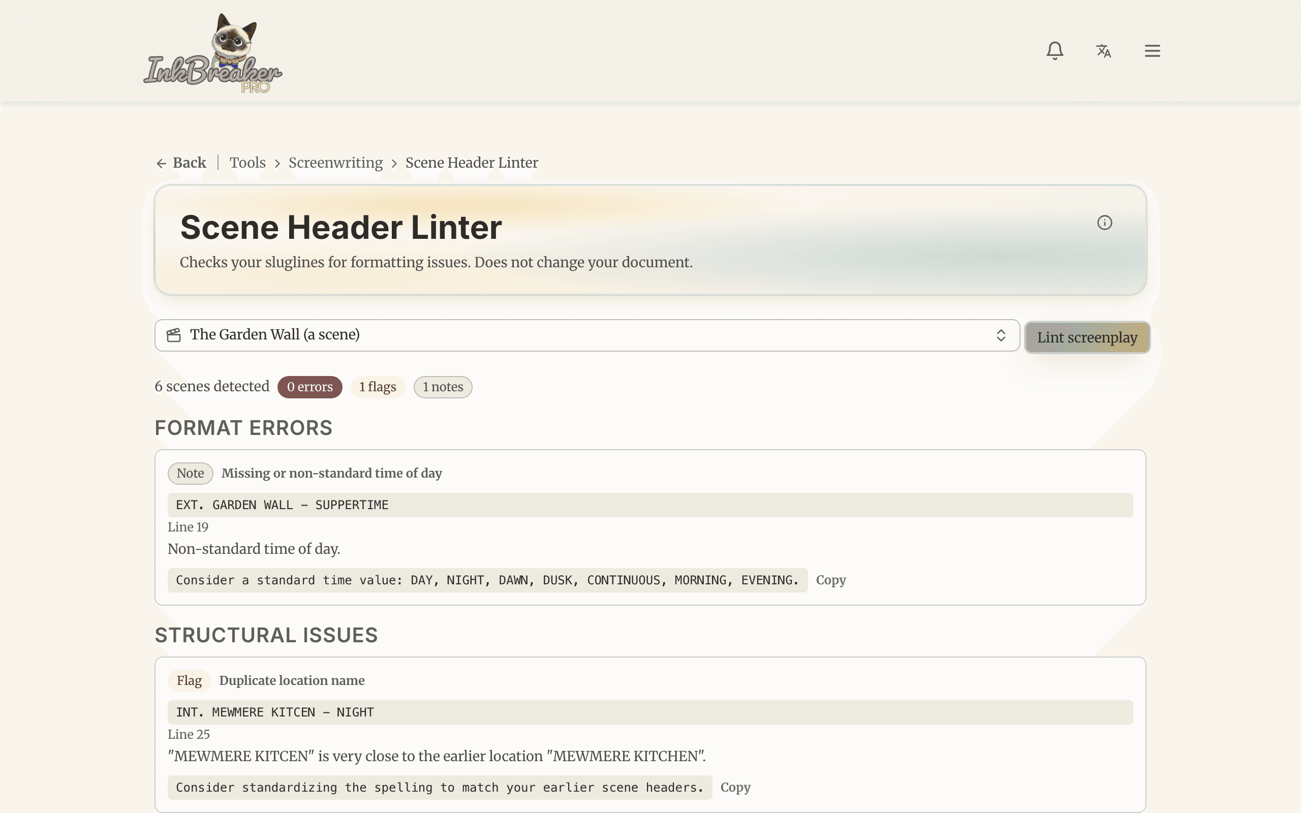 The Scene Header Linter listing slugline issues in a screenplay, each with a corrected heading to copy