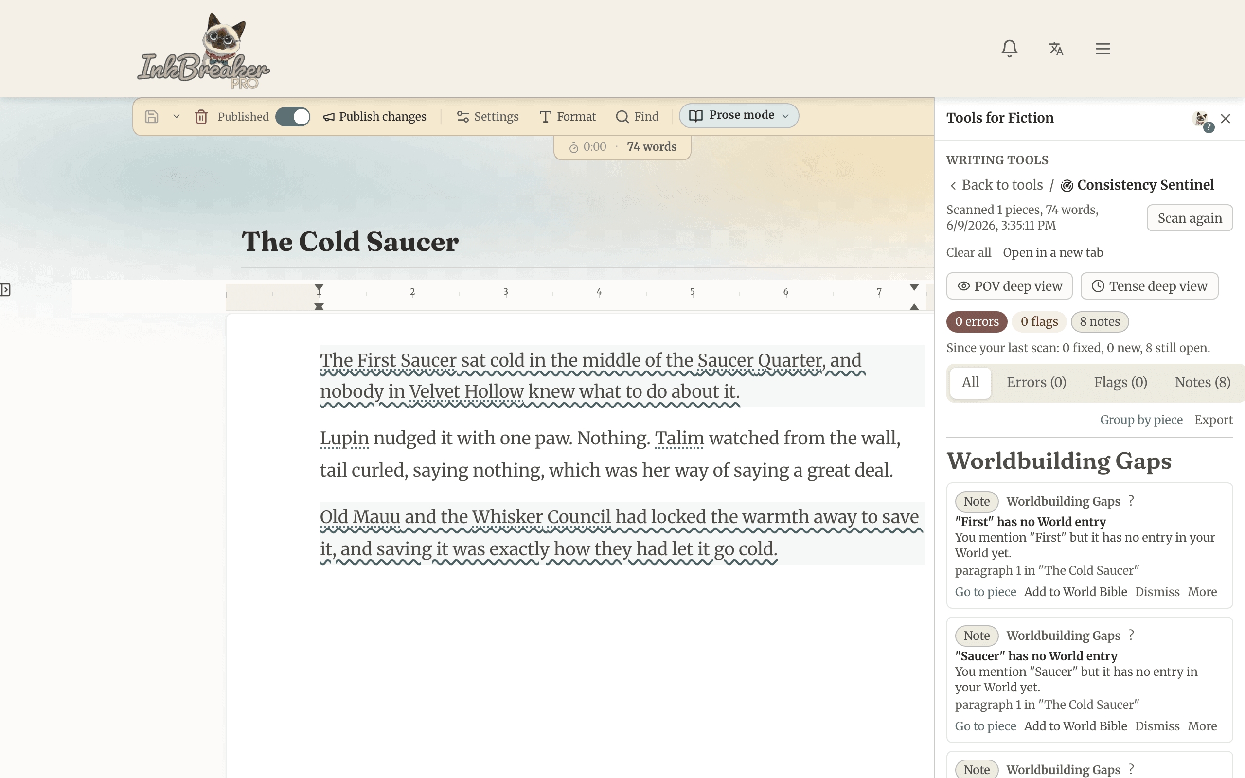 The Consistency Sentinel results panel open inside the Inkbreaker editor, with findings highlighted in the prose