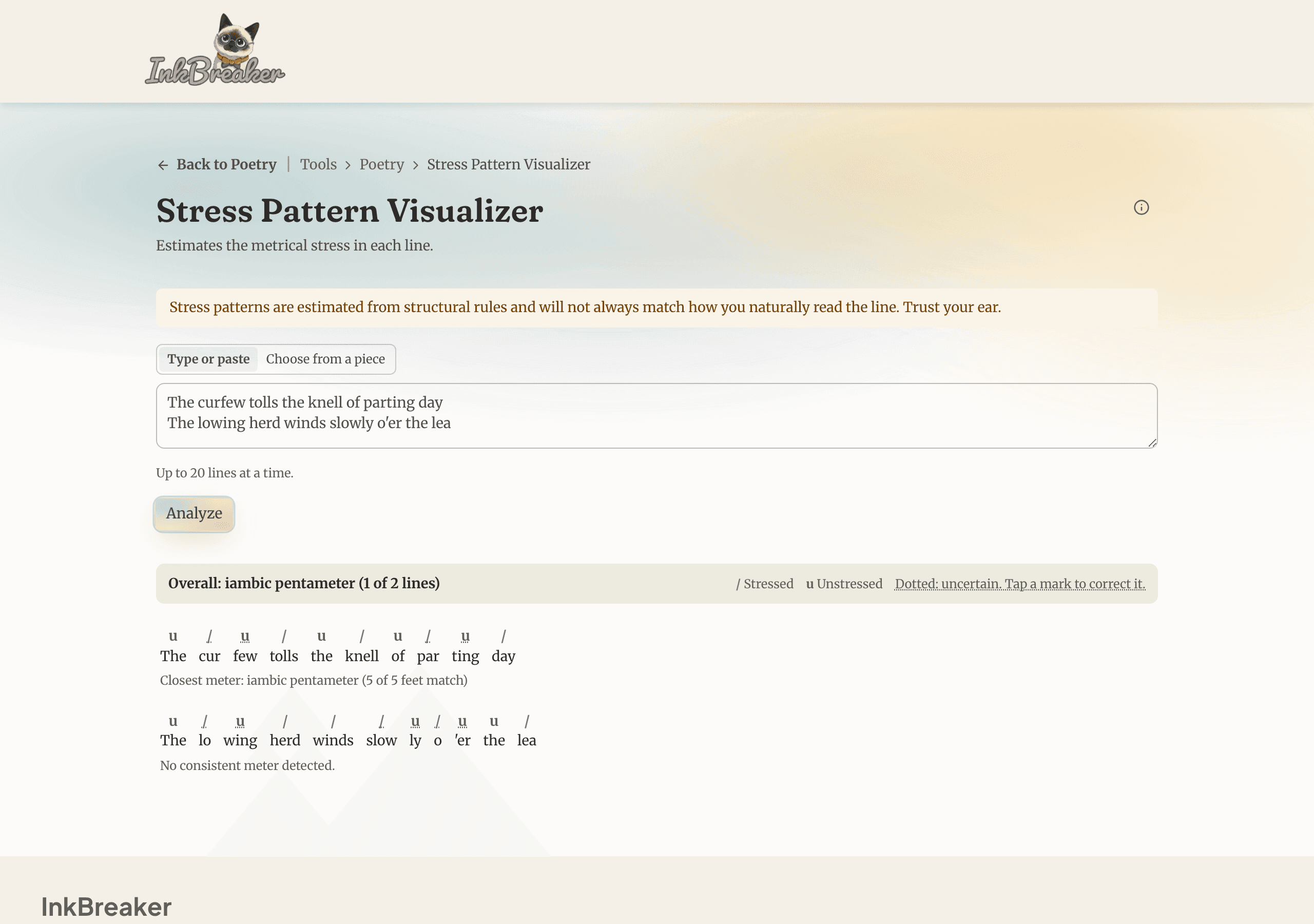 The Stress Pattern Visualizer marking stressed and unstressed syllables in a line of verse, with the detected meter beneath it