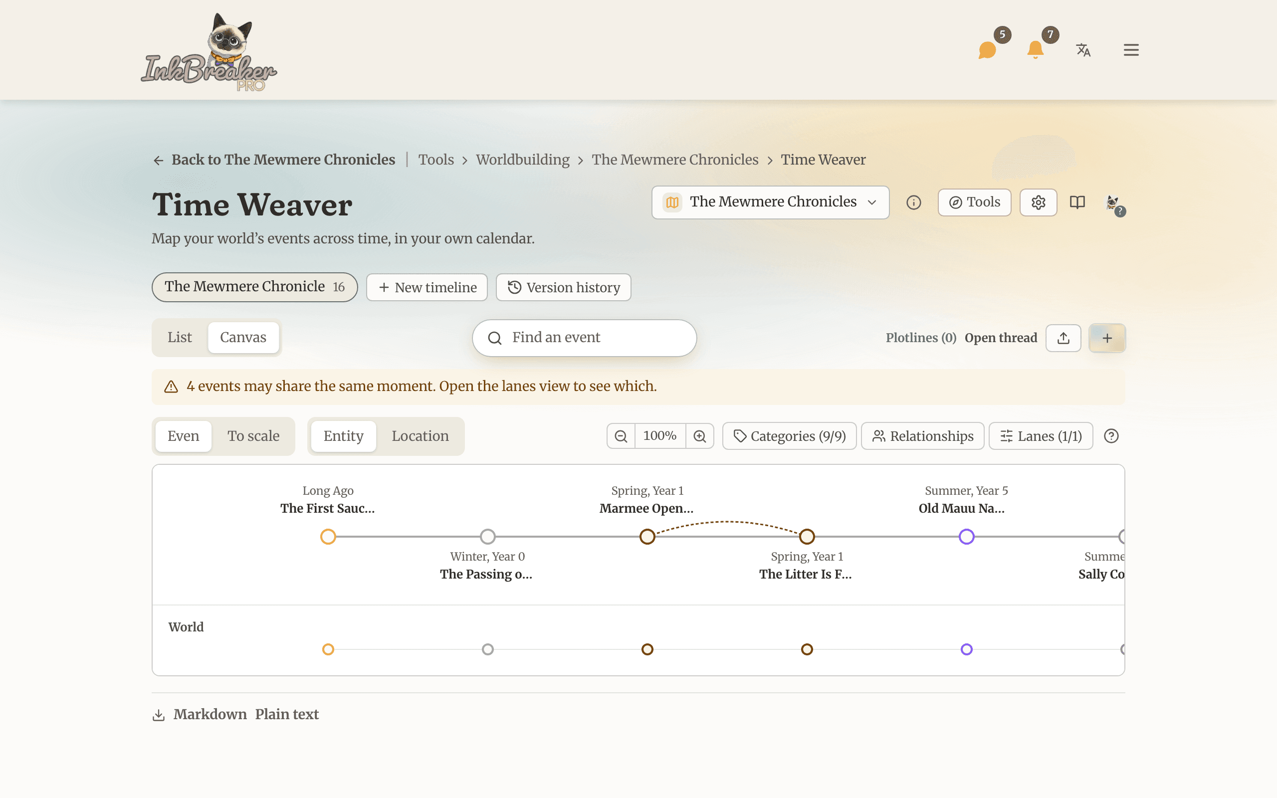 The Time Weaver timeline canvas with events across character lanes
