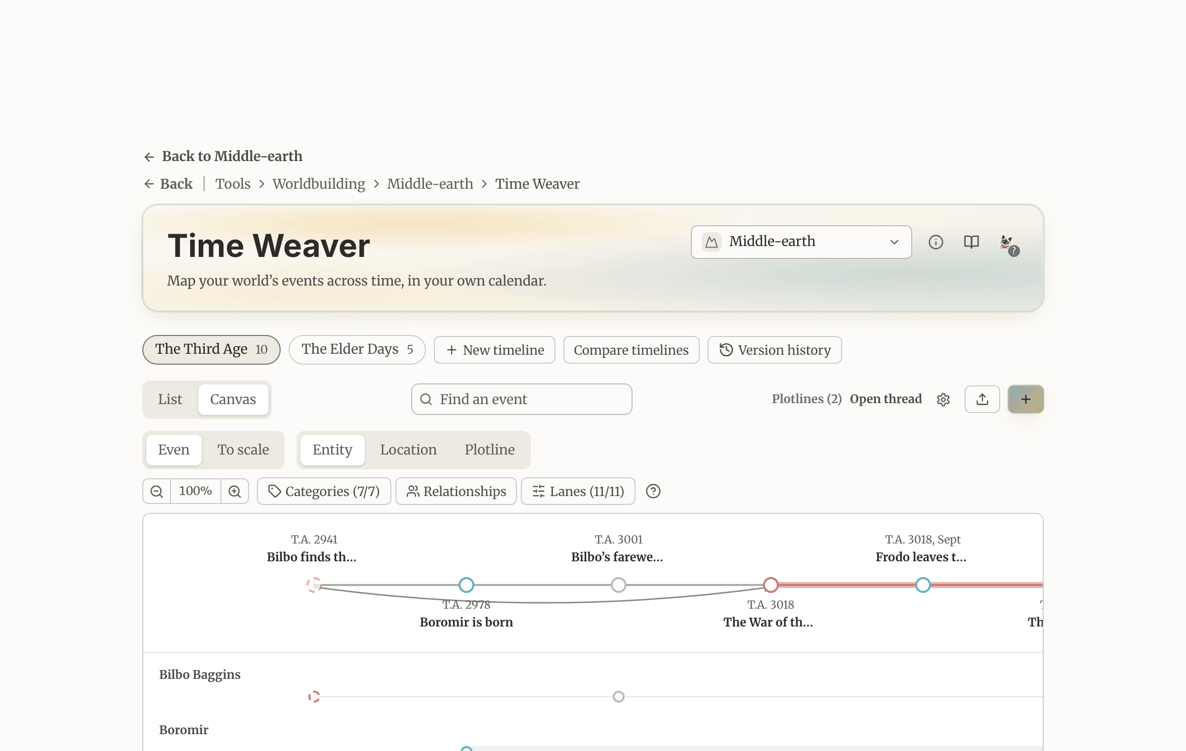 The Time Weaver timeline canvas with events across character lanes