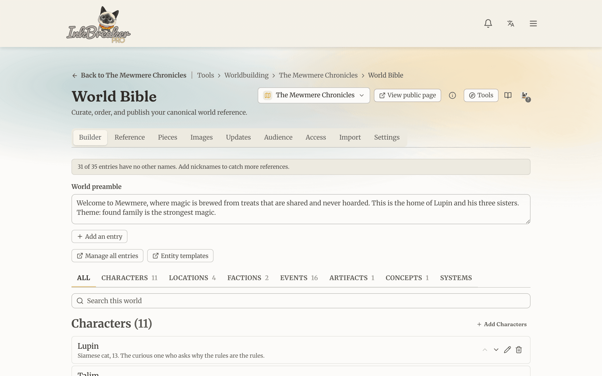 The World Bible listing a world’s characters and entry types
