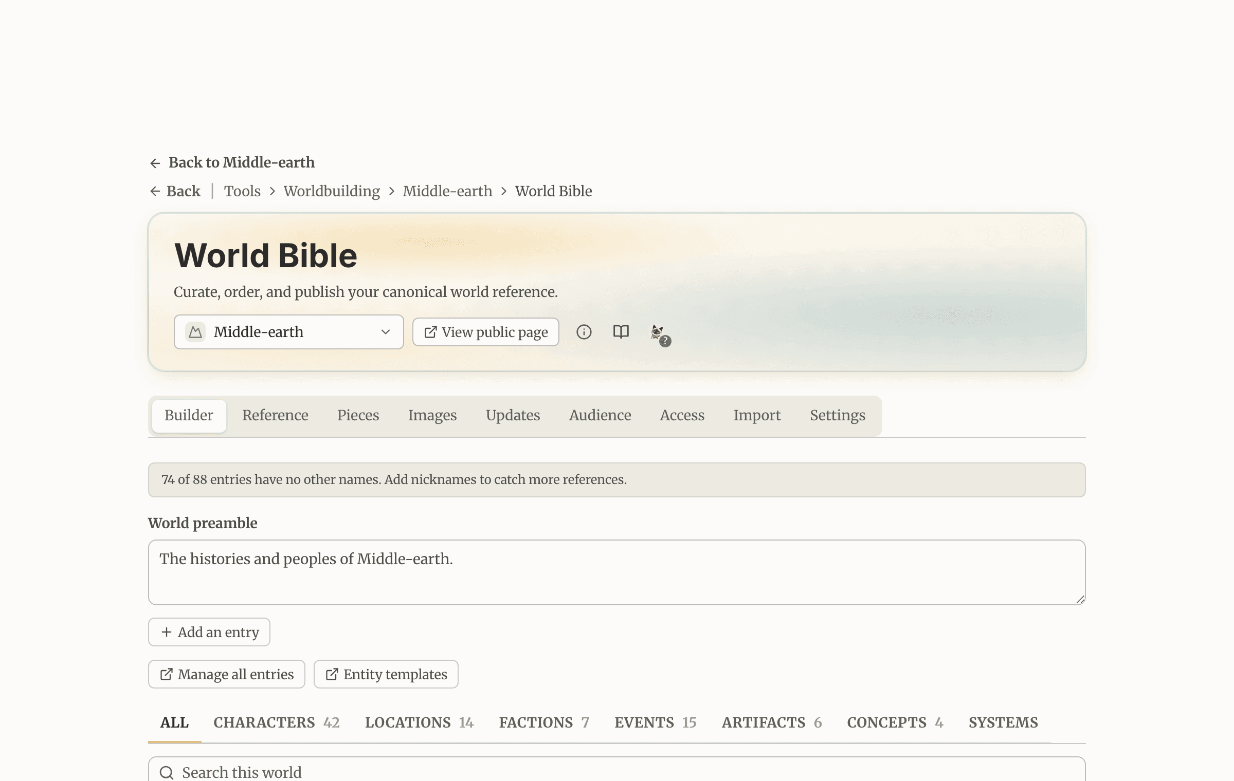 The World Bible listing a world’s characters and entry types