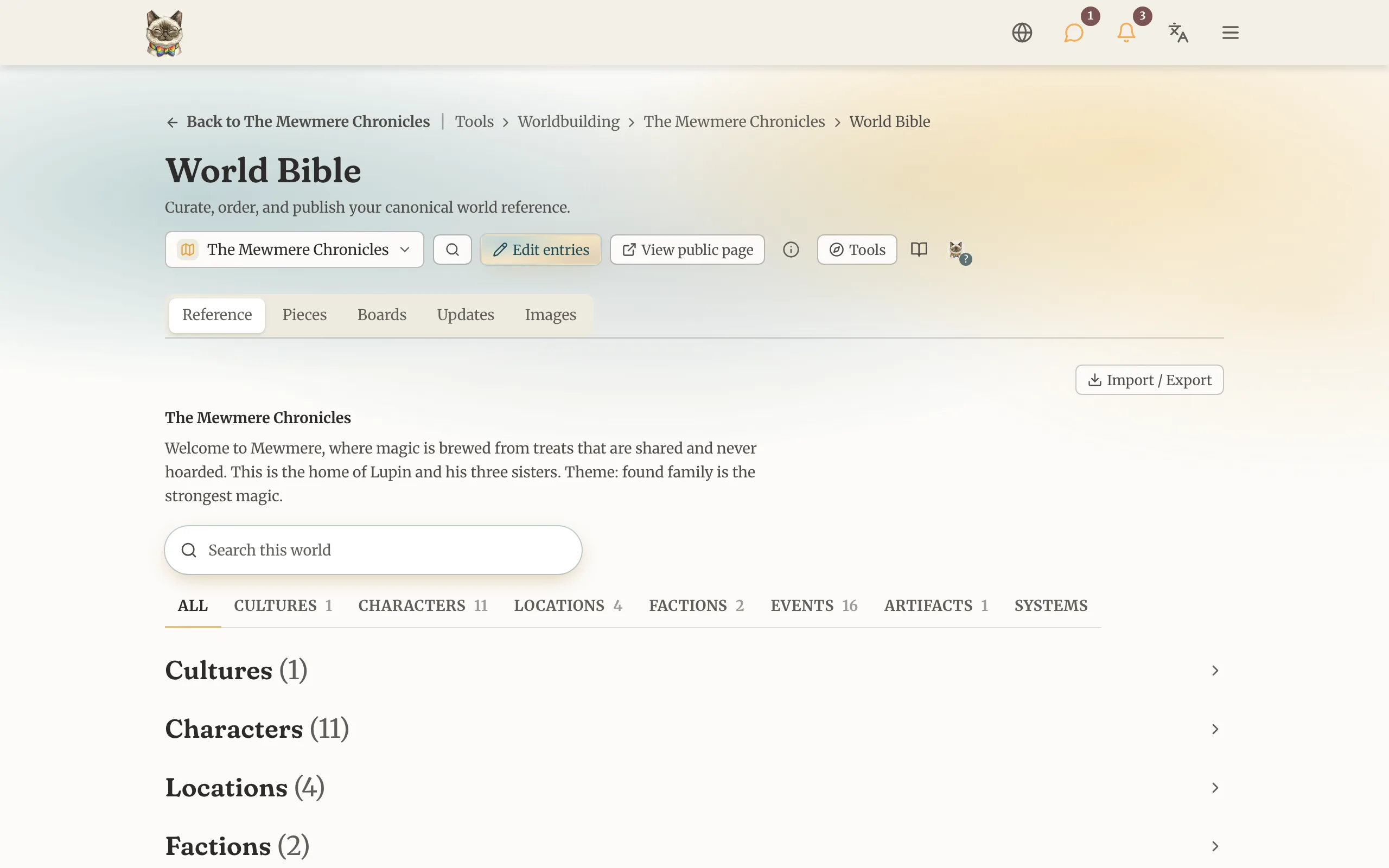 The World Bible listing a world’s characters and entry types