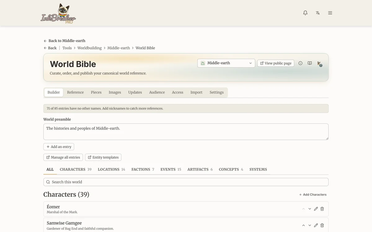 The World Bible listing a world’s characters and entry types