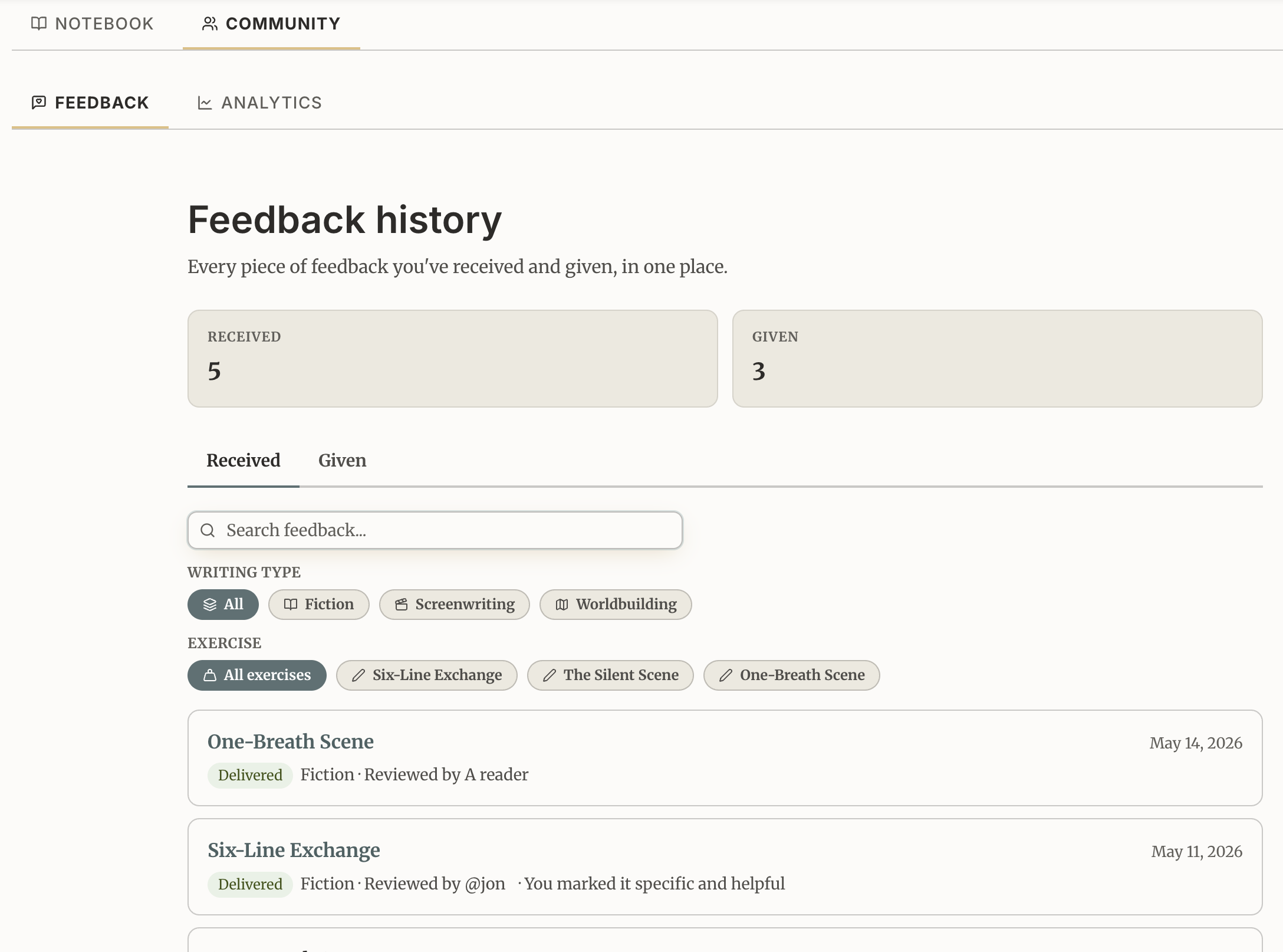 Feedback history (desktop)